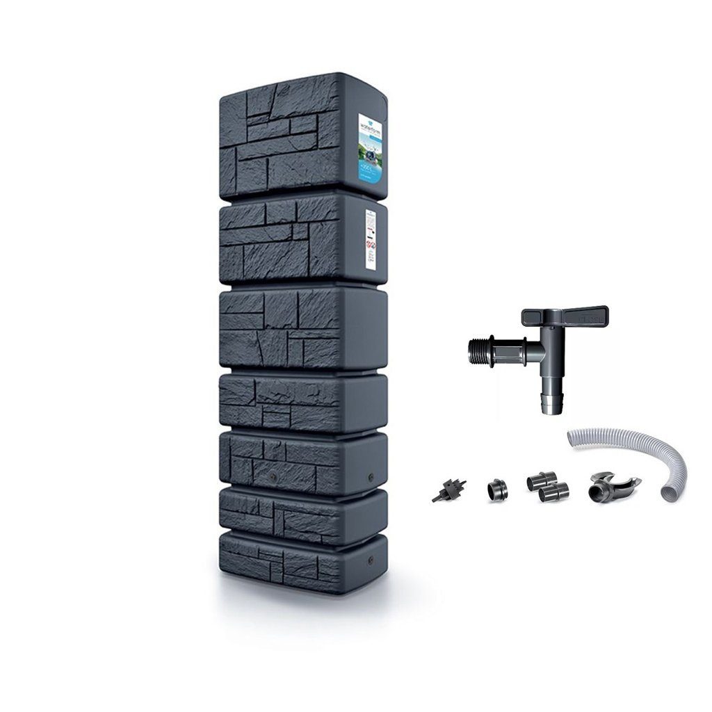 Kreher Regentonne Wassertank 350 Liter in Stein Optik mit Fuellautomat und Wasserhahn, 350 l