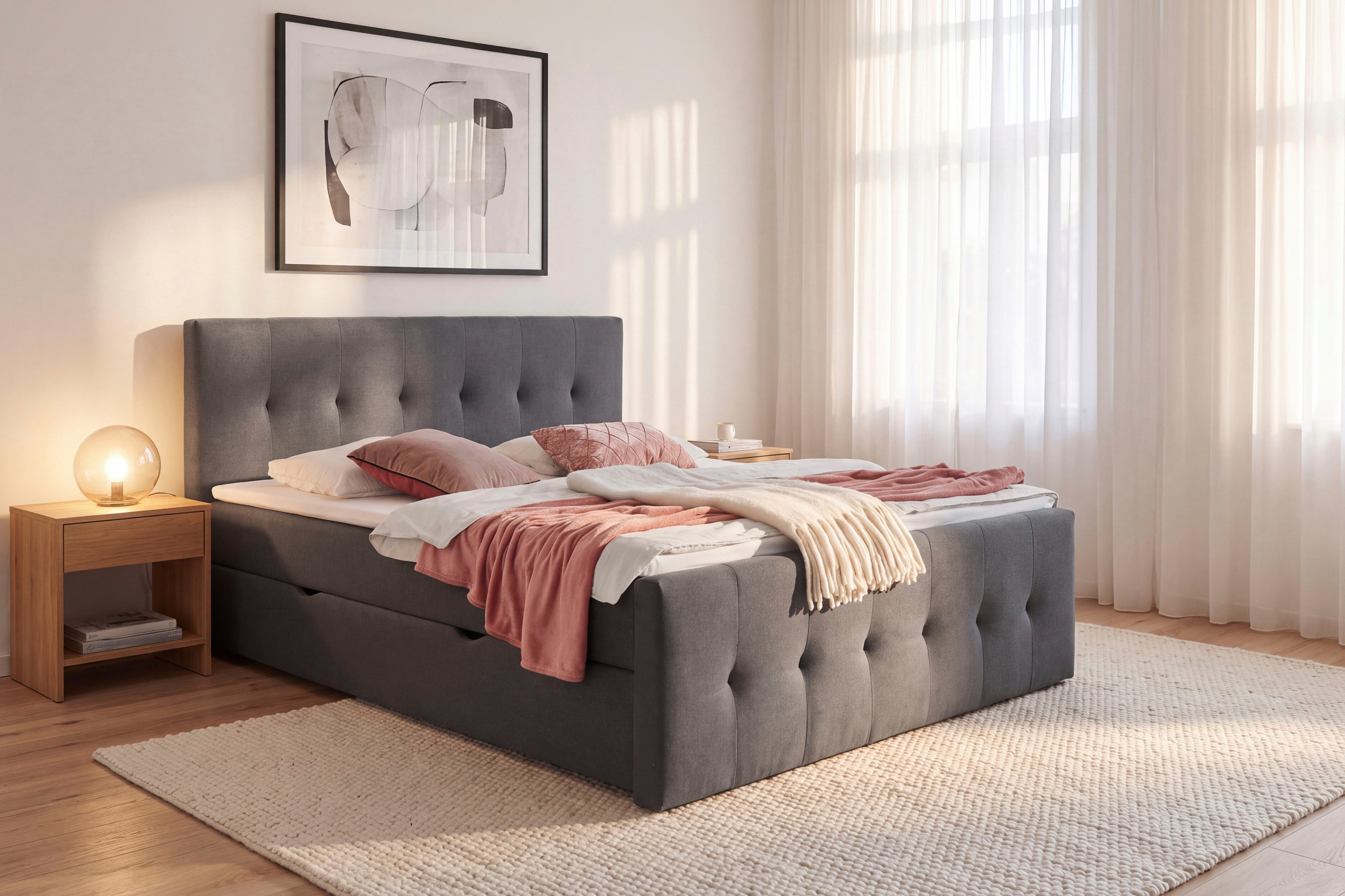 Home affaire Boxbett TESSAJA, Polsterbett mit Bettkasten, inkl. Taschenfederkernmatratze H3, mit Anti-Slip-Topper, Strukturstoff-Bezug, …