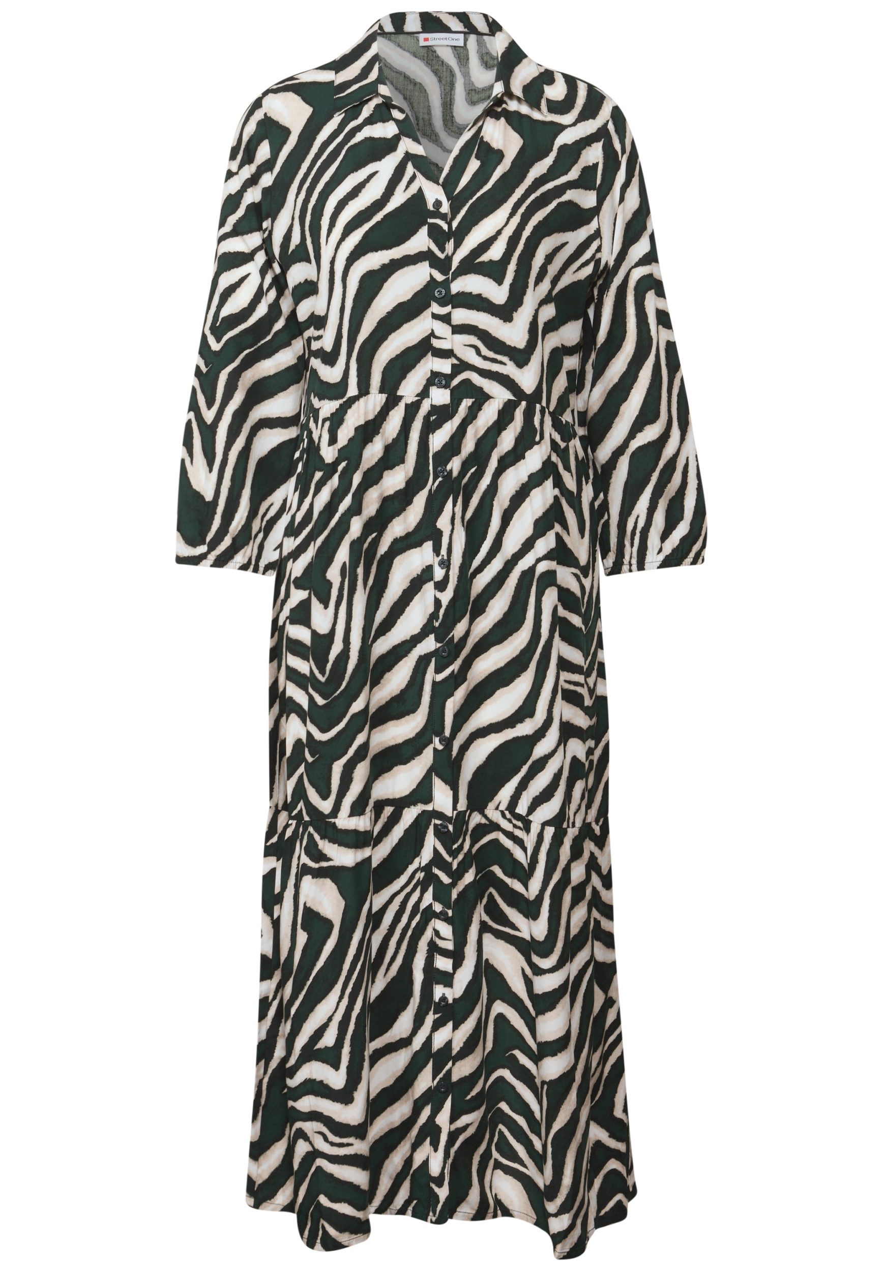 STREET ONE Midikleid – Midi Kleid mit Hemdkragen und Volants durchgehende Knopfleiste