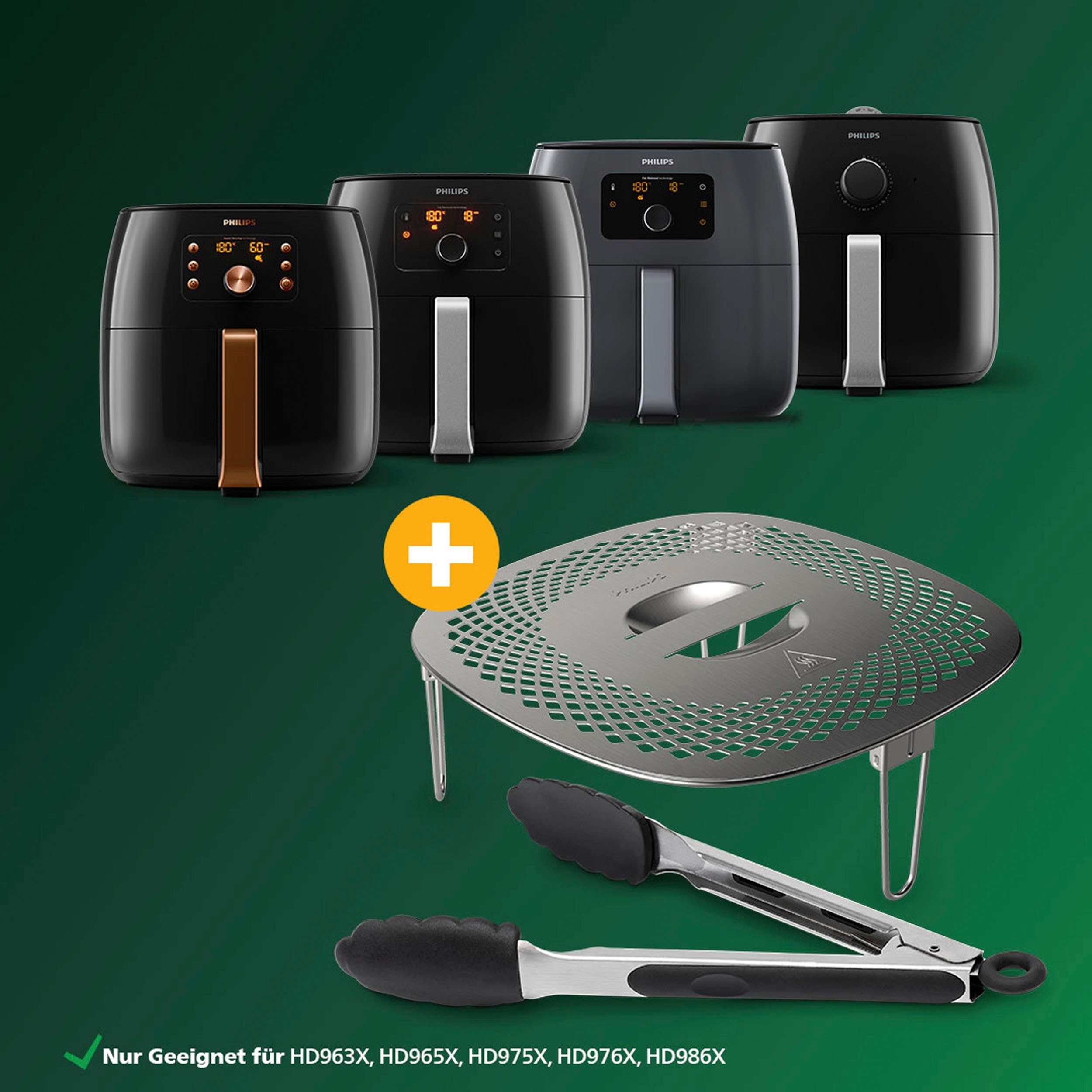 Philips Grillpfanneneinsatz HD9954/01 Snack Profi-Kit, Edelstahl, Silikon, (3-St), Snackdeckel+ Zange für Airfryer XXL HD96XX, HD97XX, HD98XX
