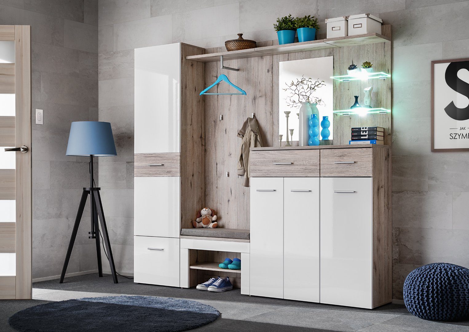 Garderoben-Set Flurgarderobe GUSTAVO IV mit Led Spiegel Hochglanzfronten Sitzbank