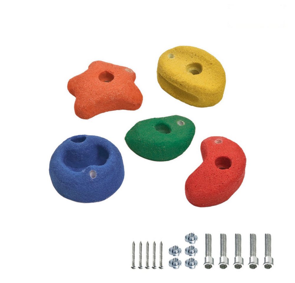 Wickey Spielturm-Erweiterung 5 Klettersteine 90 mm - Farbenfroher Spaß mit sicherer Montage, (Komplett-Set für DIY-Kletterwände mit Befestigung, 5 St., Fördert Bewegung, Geschicklichkeit & Ausdauer), Outdoor-geeignet – UV-beständig & langlebig