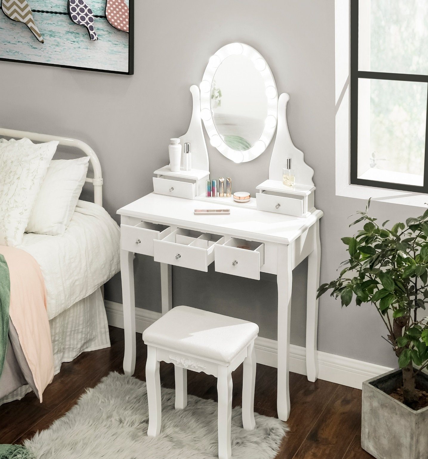 VASAGLE Schminktisch RDT09WL, Frisiertisch, Kosmetiktisch mit Beleuchtung, mit Spiegel und Hocker, 5 Schubladen
