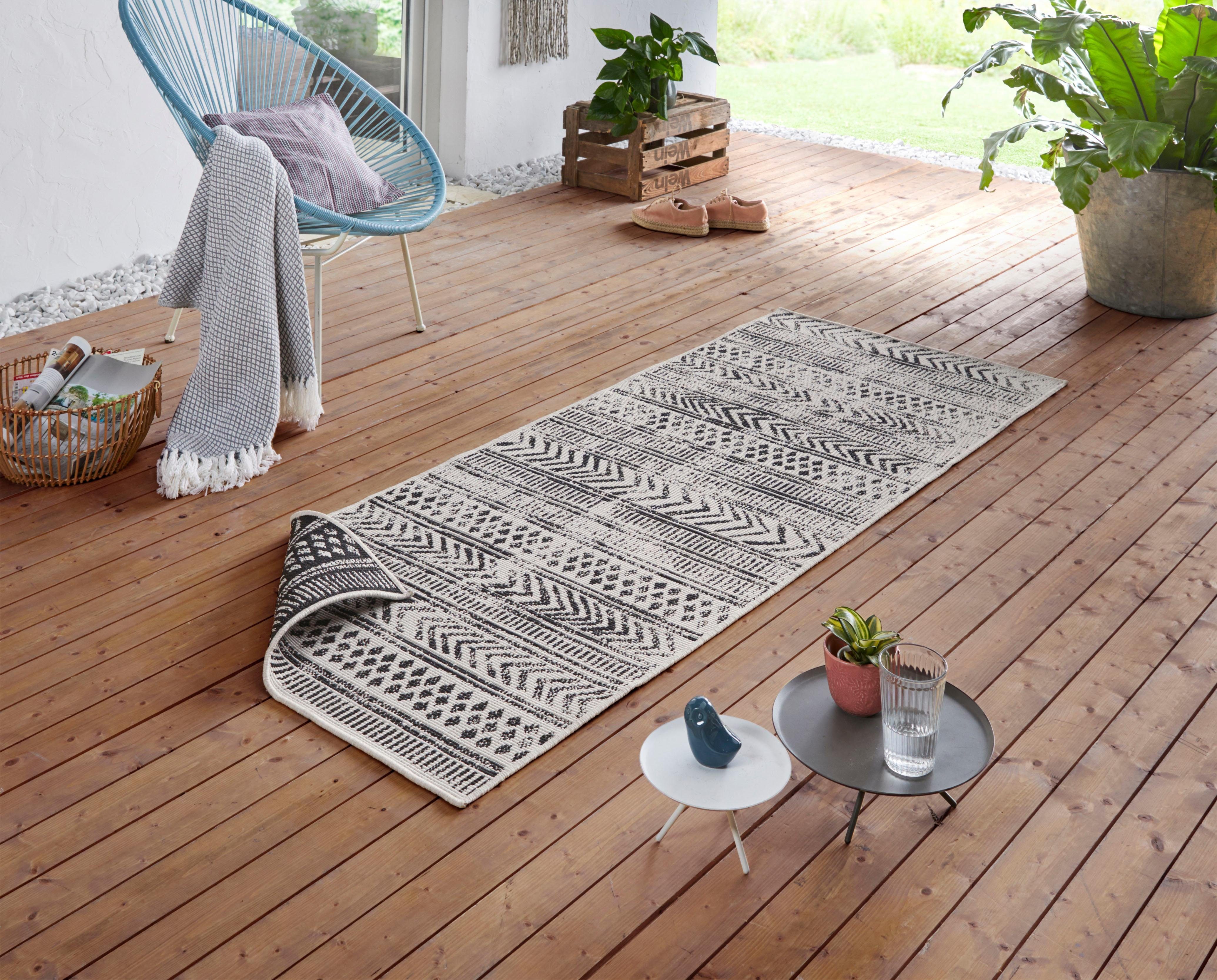 Wohnzimmer, Wetterfest, Balkon, Garten, Wasserfest, rechteckig, NORTHRUGS, 5 Outdoor, In-& Boho mm, BIRI, Höhe: Läufer schwarz/creme