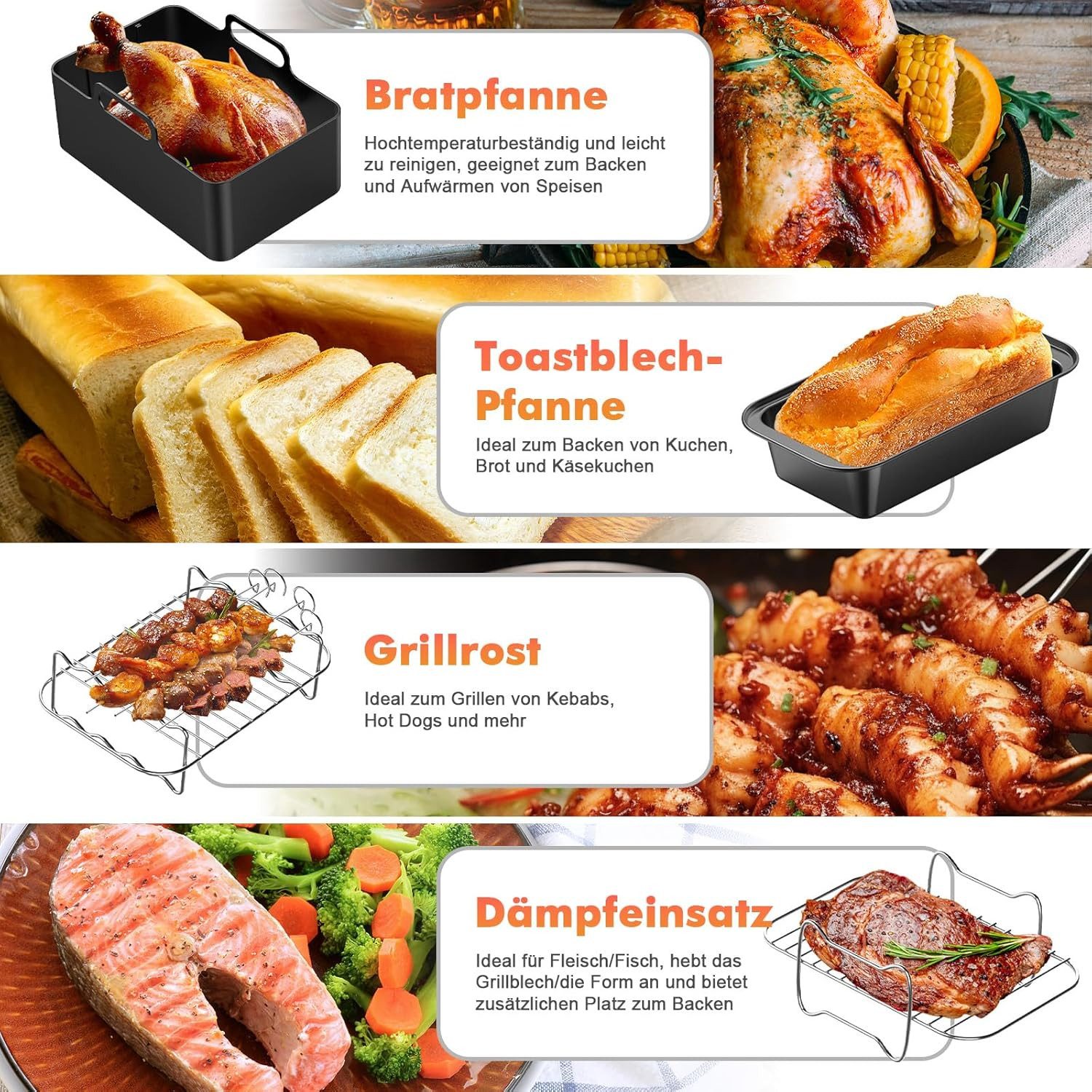 Vernatti Backform 18-tlg. Heißluftfritteusen-Zubehör Set für 7,6–9,5 l Airfryer, (8-teiliges Zubehörset für Heißluftfritteusen zum Backen und Grillen 18-tlg), 1 – Bild 2 von 5