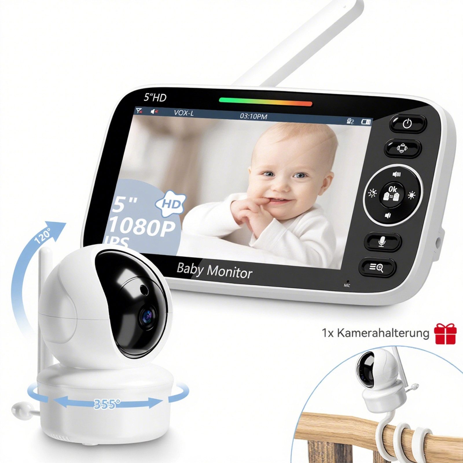 Video-Babyphone Babyphone mit Kamera, Extra Großes 5-Zoll 1080P HD Display