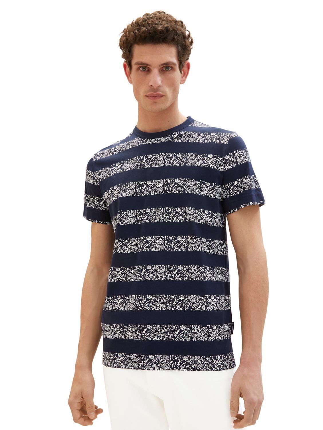TOM TAILOR T-Shirt PAISLEY STRIPE (1-tlg) aus Baumwolle Navy White big paisley stripe 32027