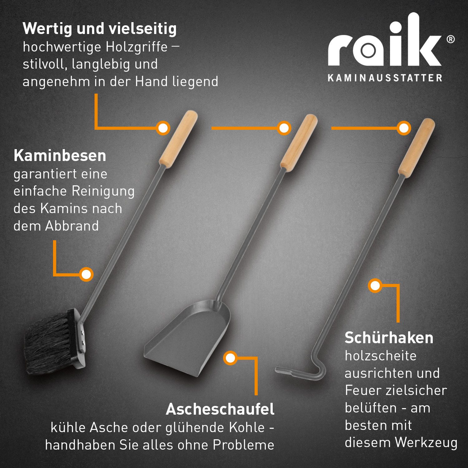 Raik Kamingarnitur Raik Kaminbesteck Gustav, 3-teilig, Anthrazit, Holzgriffe, 60cm