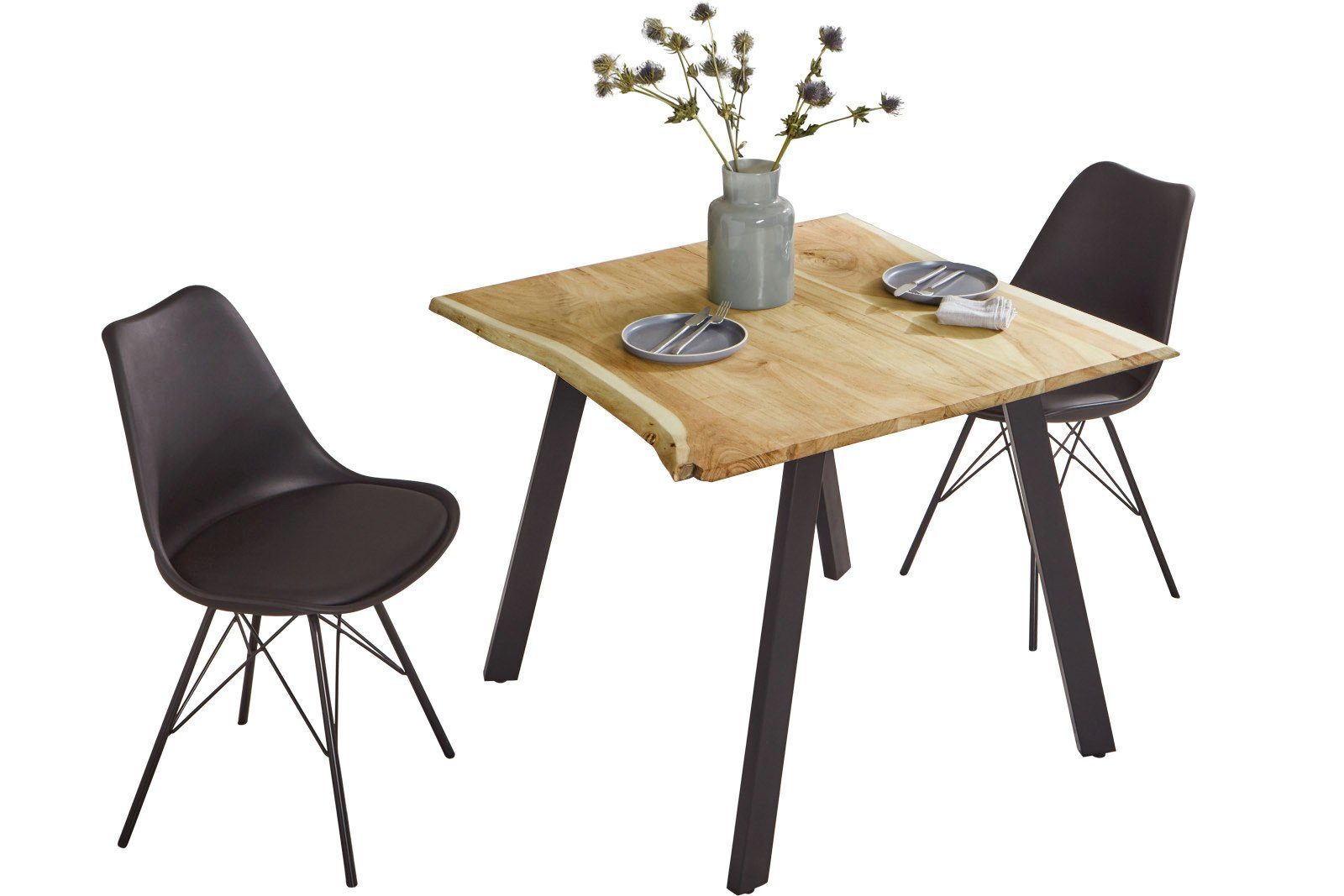 SAM® Essgruppe Gadwal, Akazienholz, naturfarben, Baumkante, Metallbeine + 2 Stühle schwarz