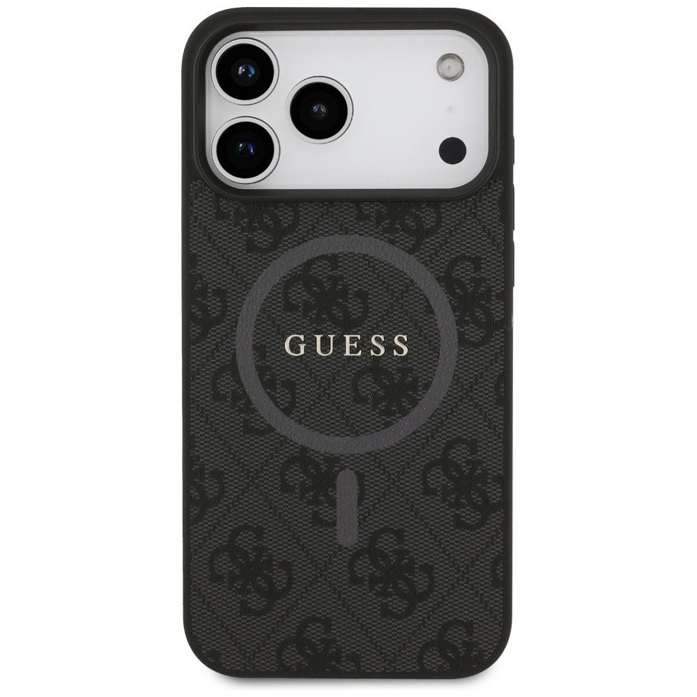 Guess Handyhülle MagSafe iPhone 17 Pro Max Kunstleder grau Logo Metall goldfarben 6,9 Zoll, Kantenschutz