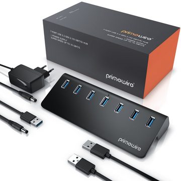 Primewire USB-Adapter, USB 3.2 Gen2 Hub, 7 Port Aktiver Verteiler mit Netzteil, 10 Gbit/s