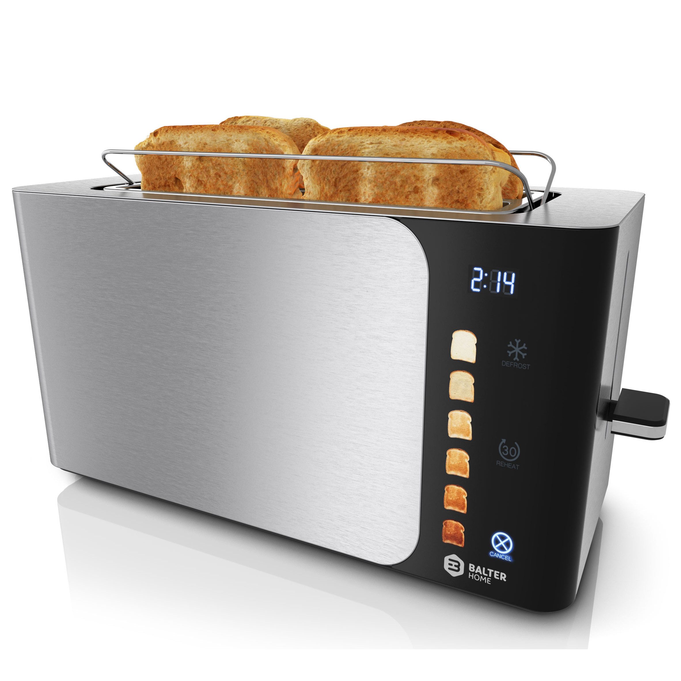 Balter Тостеры 4 Scheiben, Langschlitz, Edelstahl, Brötchenaufsatz, TS-44, Langschlitz, für Sandwichtoast, 1500 W, Touch Screen, 2 lange Schlitze für 4 Scheiben, 1500 W, Brötchenaufsatz