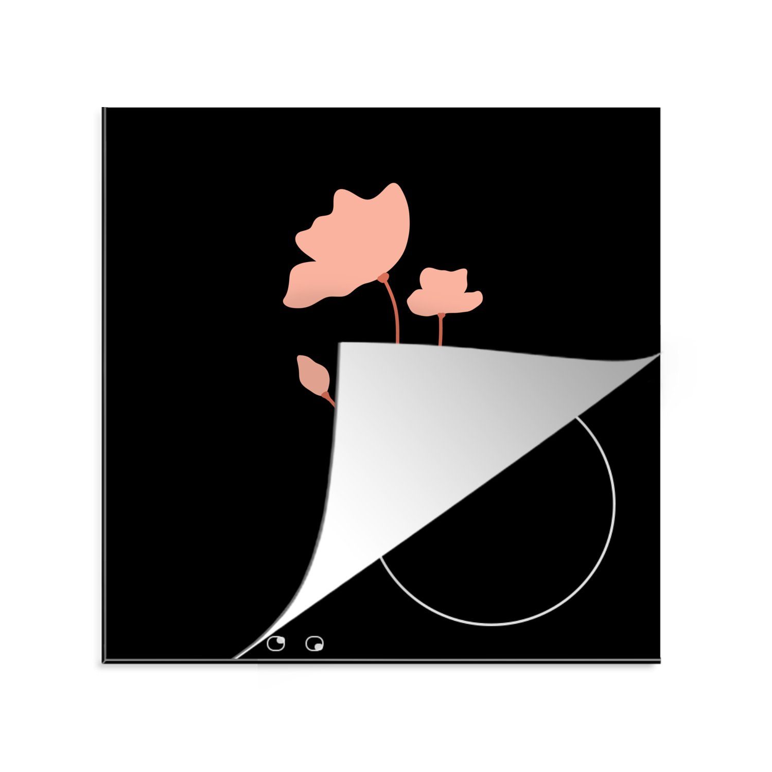 MuchoWow Herdblende-/Abdeckplatte Illustration einer rosa Blume mit schwarzem Hintergrund, Vinyl, (1 tlg), 78x78 cm, Ceranfeldabdeckung, Arbeitsplatte für küche