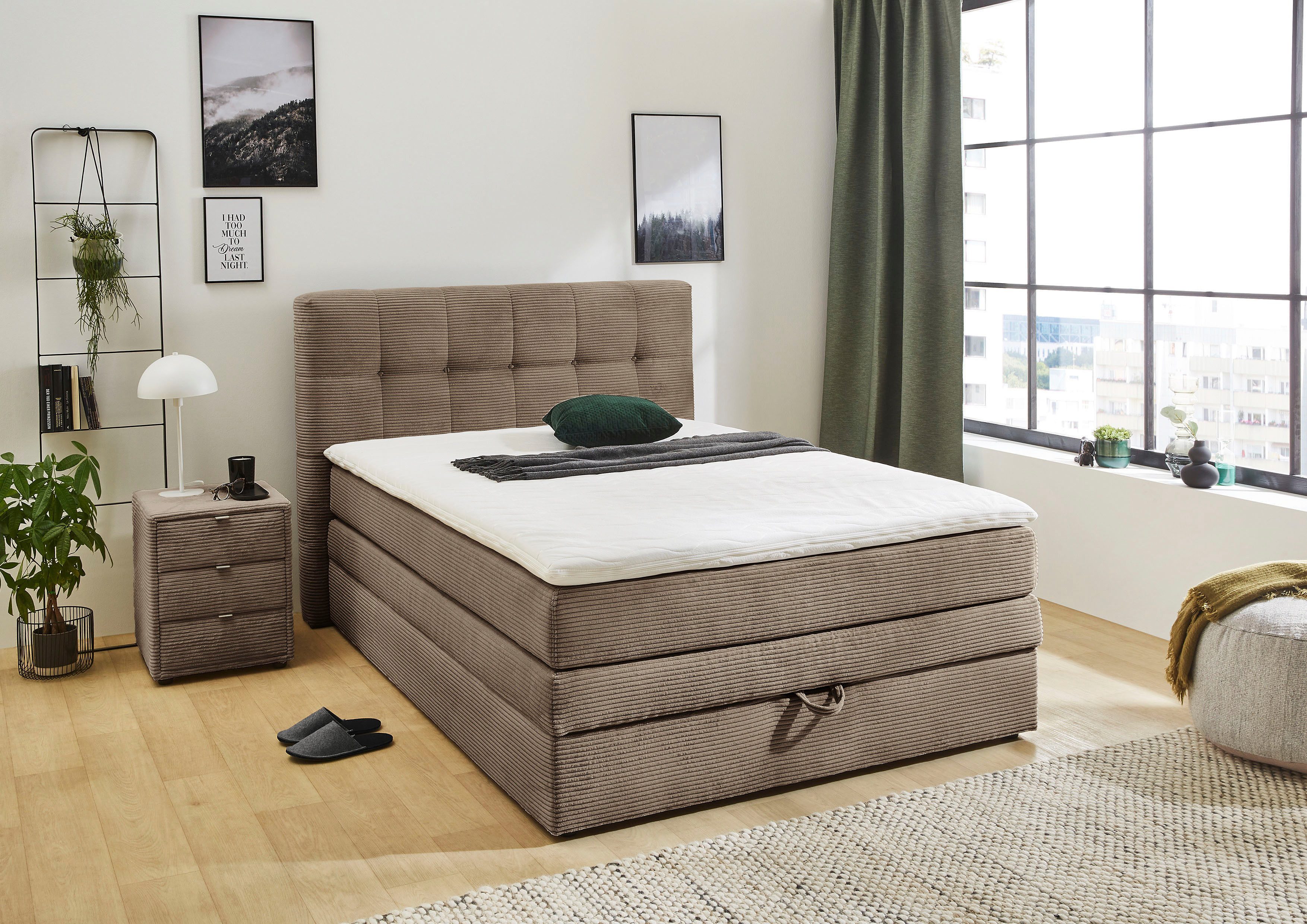 Jockenhöfer Gruppe Boxspringbett AMY in Cord, erhältlich in den Breiten 120cm & 140cm, mit Bettkasten und Topper