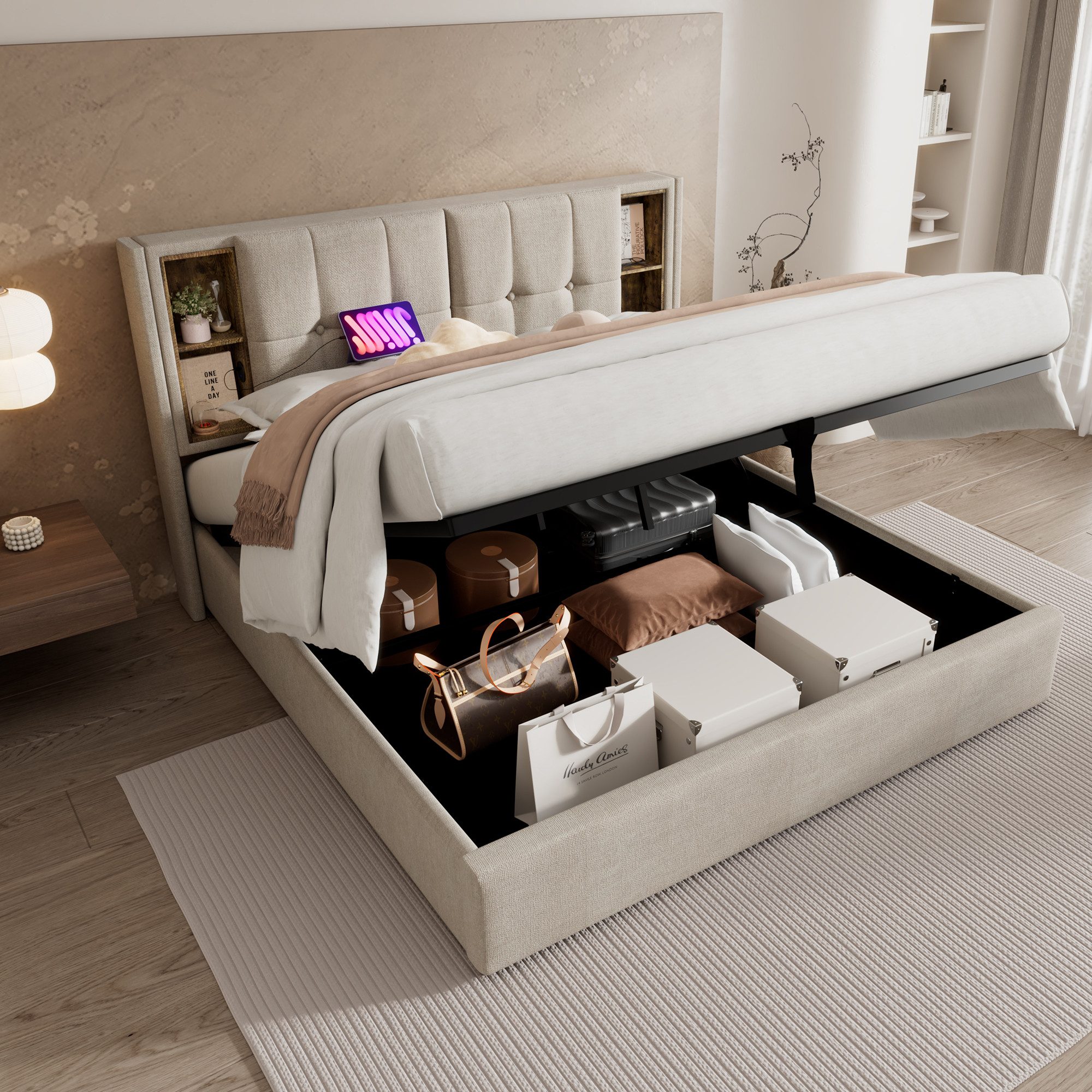 Flieks Polsterbett, Doppelbett mit Kabellosem Laden/USB/Typ-C + Stauraum Leinen 140x200cm