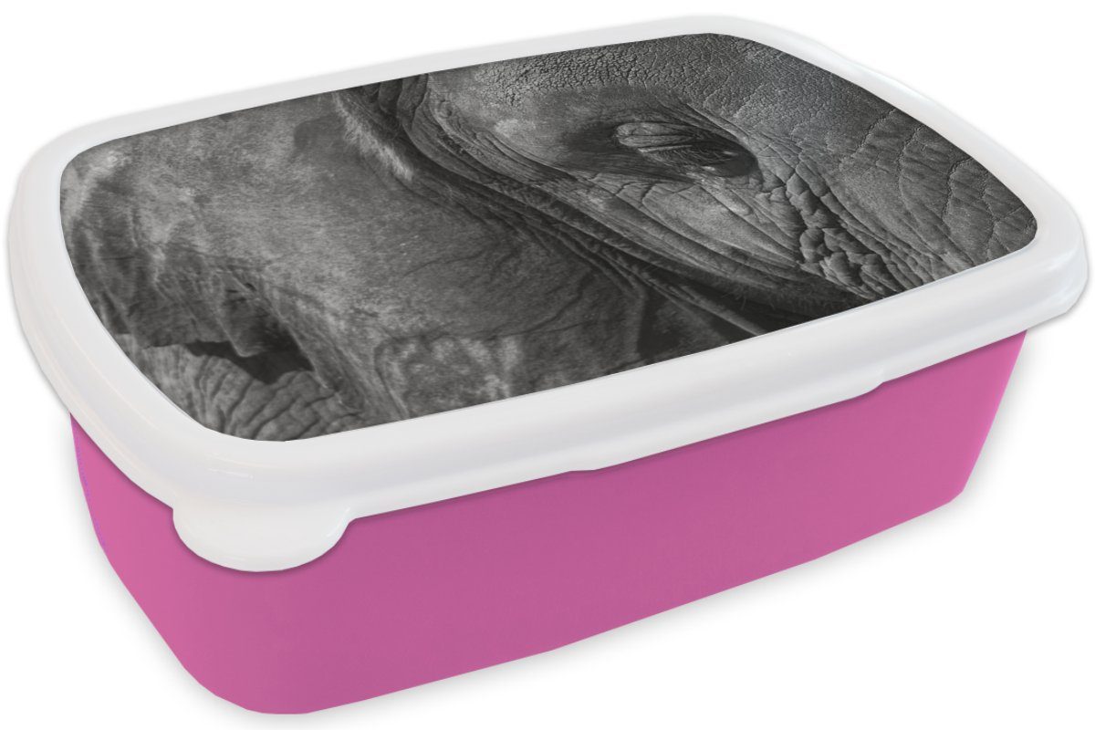 Kunststoff, Snackbox, (2-tlg), MuchoWow Lunchbox - Kinder, rosa Schwarz-Weiß, Mädchen, für - Nahaufnahme Brotdose Kunststoff Tiere - Elefant Erwachsene, Brotbox