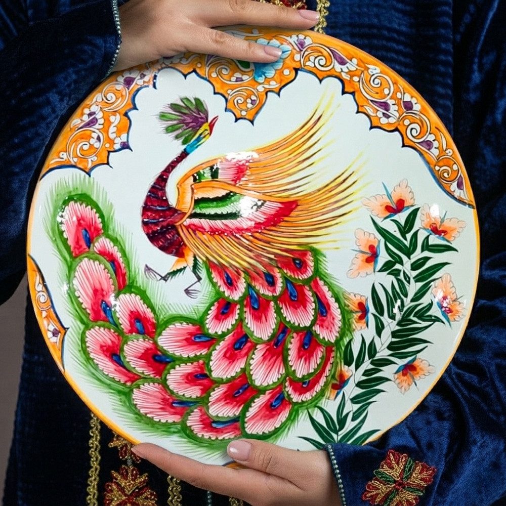 Servierplatte Lagan Feuervogel X3 bunt Ø 42 cm Vögel Muster Obstschale rund, Keramik, Handarbeit