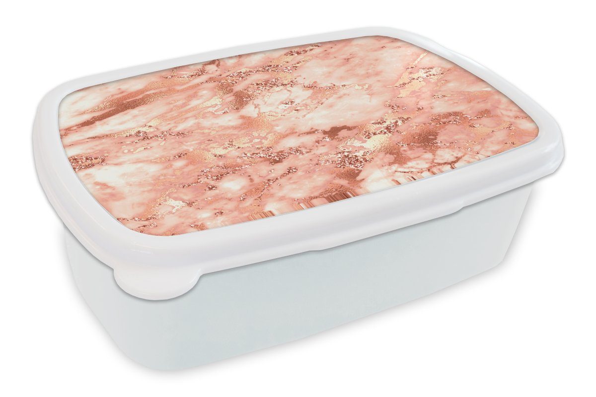 MuchoWow Lunchbox Marmor - Glitzer - Roségold, Kunststoff, (2-tlg), Brotbox für Kinder und Erwachsene, Brotdose, für Jungs und Mädchen weiß