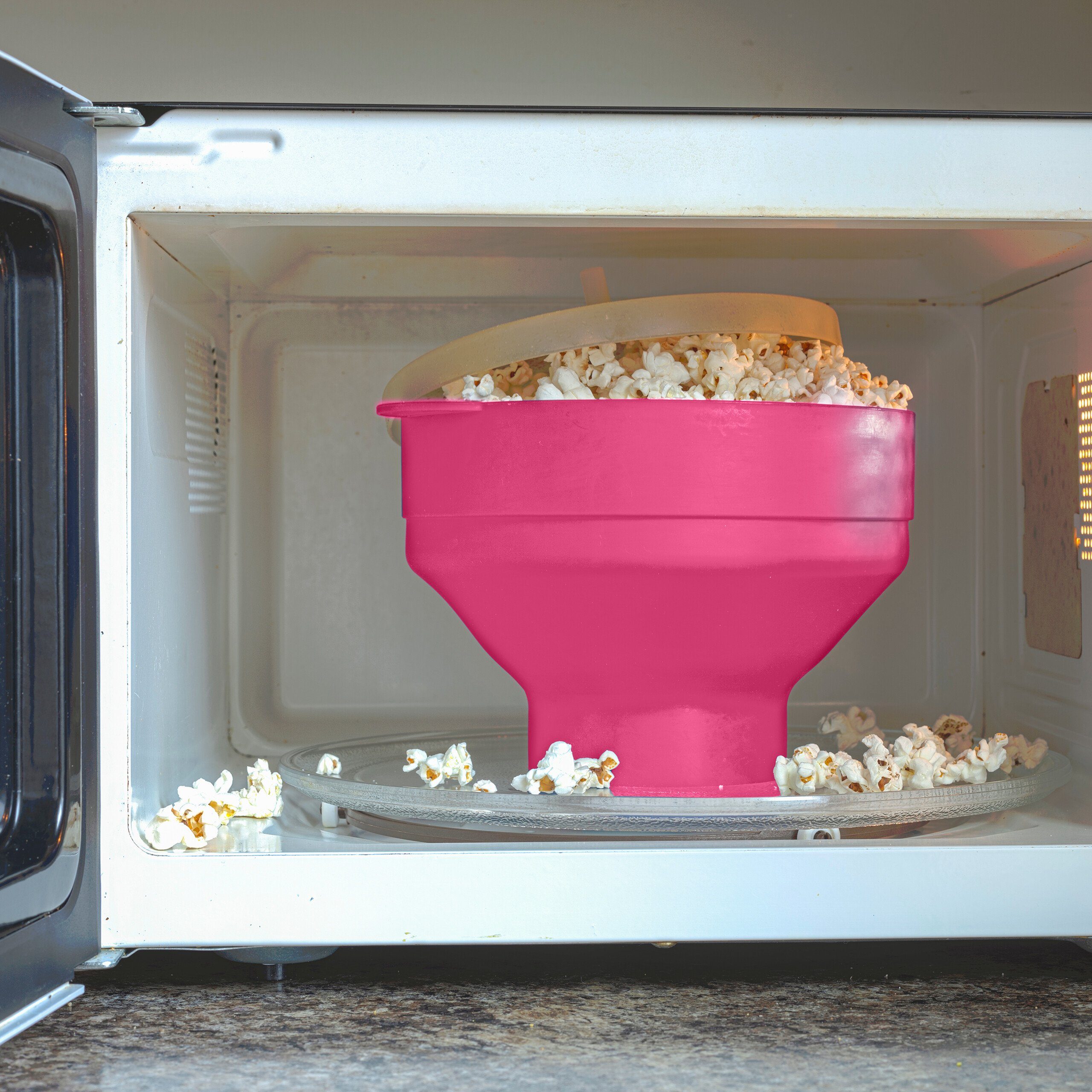relaxdays Schüssel Popcorn Transparent für Mikrowelle, Pink Maker Pink Silikon