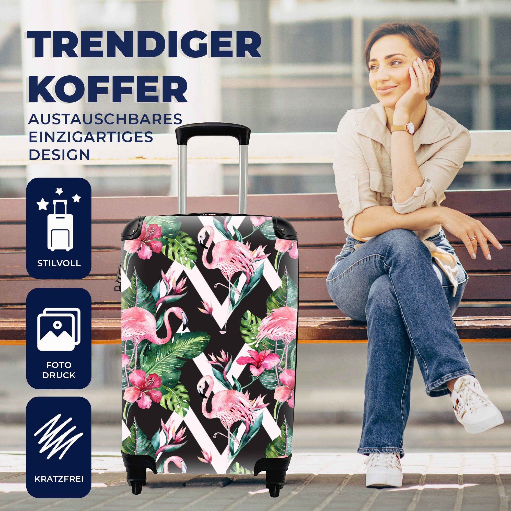 Reisetasche mit - MuchoWow - Trolley, Muster Reisekoffer Rollen, rollen, Flamingo, für Ferien, Handgepäck Blumen 4 Handgepäckkoffer