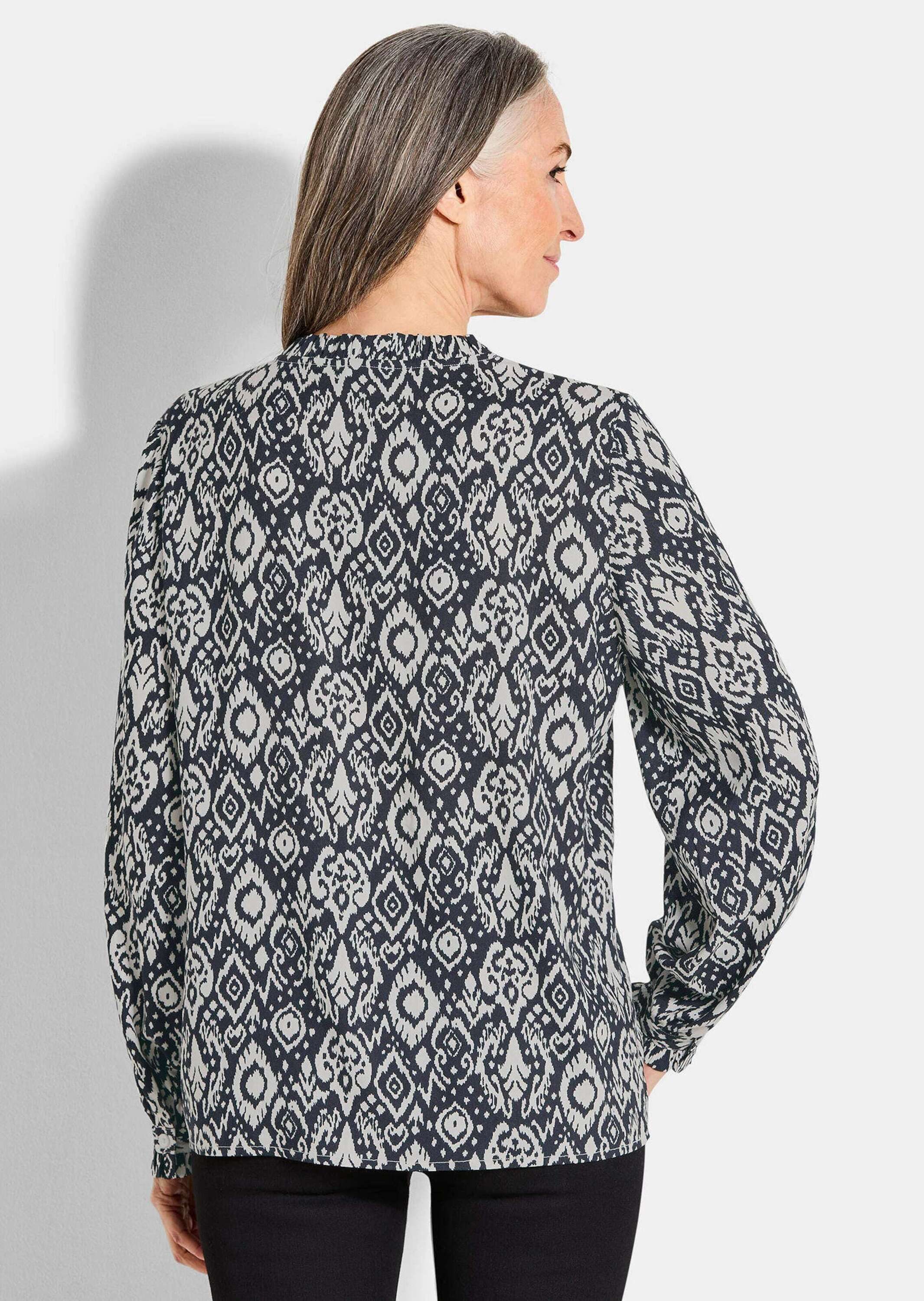 GOLDNER Schlupfbluse Moderne Rüschenbluse mit Stehkragen Printbluse mit Rundhals, Bindeband und langen Ärmeln