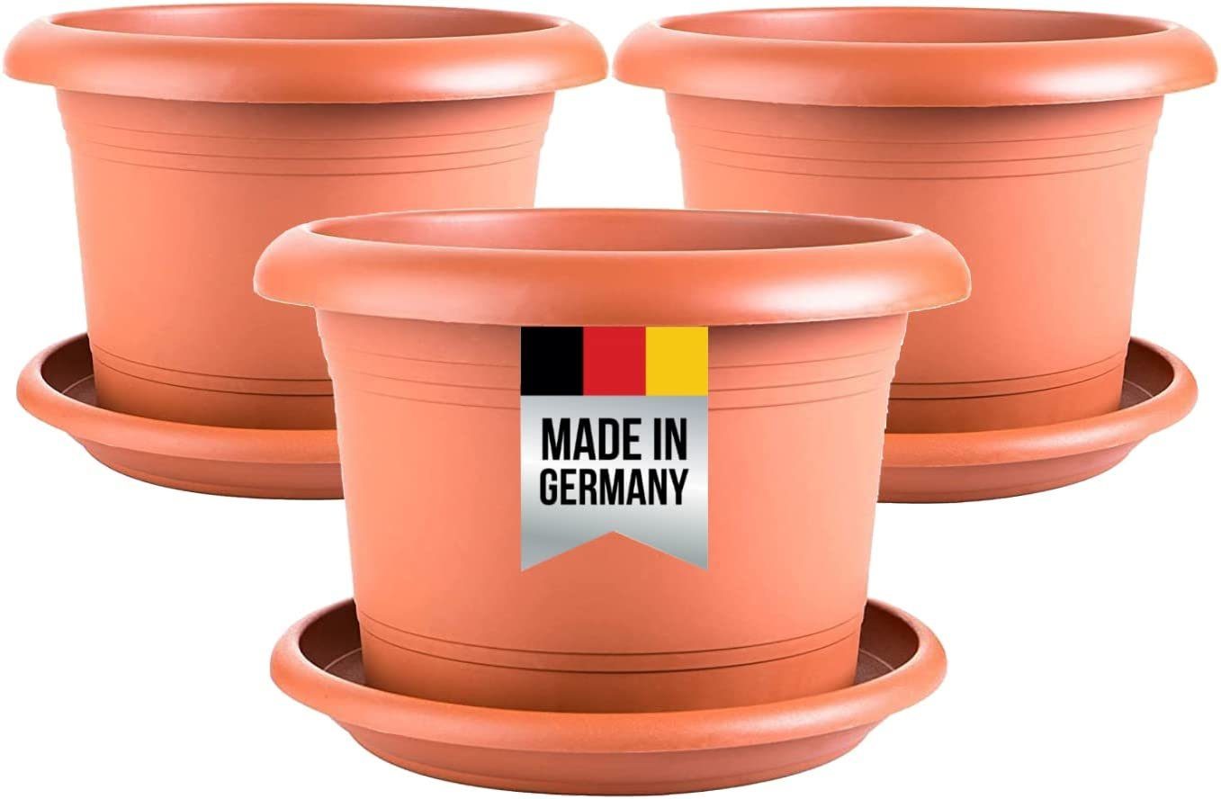 Centi Blumentopf Pflanzkübel groß außen, Blumentopf mit Untersetzer (Spar Set, 3 St., 35 cm), Pflanzentopf mit Löcher, Rundtopf Pflanztopf Terracotta