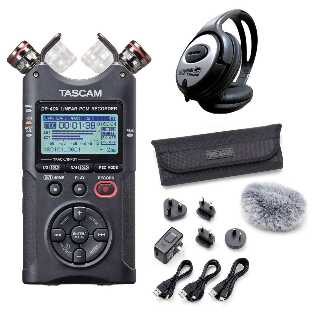 Tascam DR-40X Recorder mit Zubehör Set und Kopfhörer Digitales Aufnahmegerät