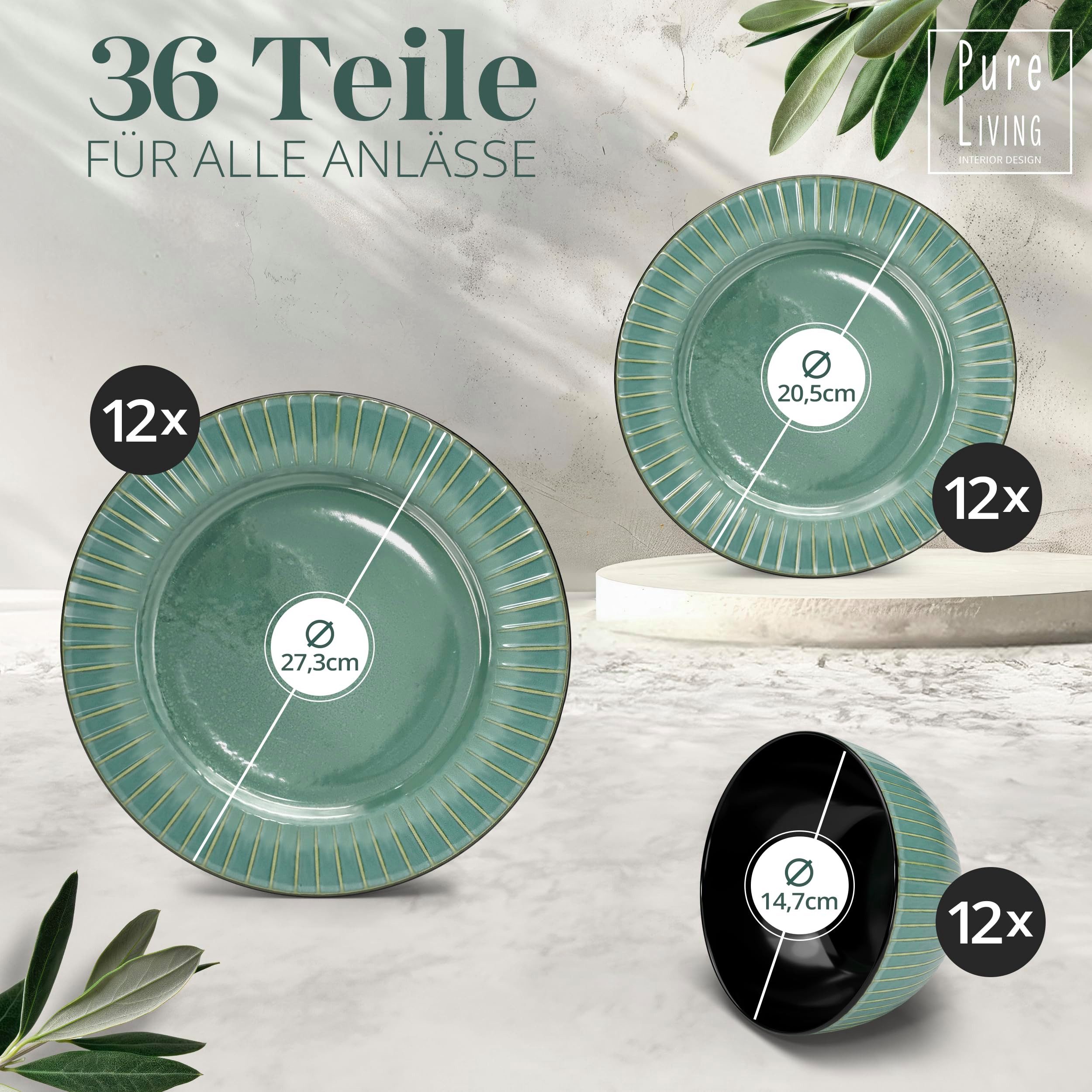 PURE LIVING INTERIOR DESIGN Geschirr-Set Pure Living »Ribbed« (36-tlg), 12 Personen, Steingut, Grün, 12 Personen, Steingut, Mediterrane Handwerksoptik, Reaktive Glasur – jedes Stück einzigartig…