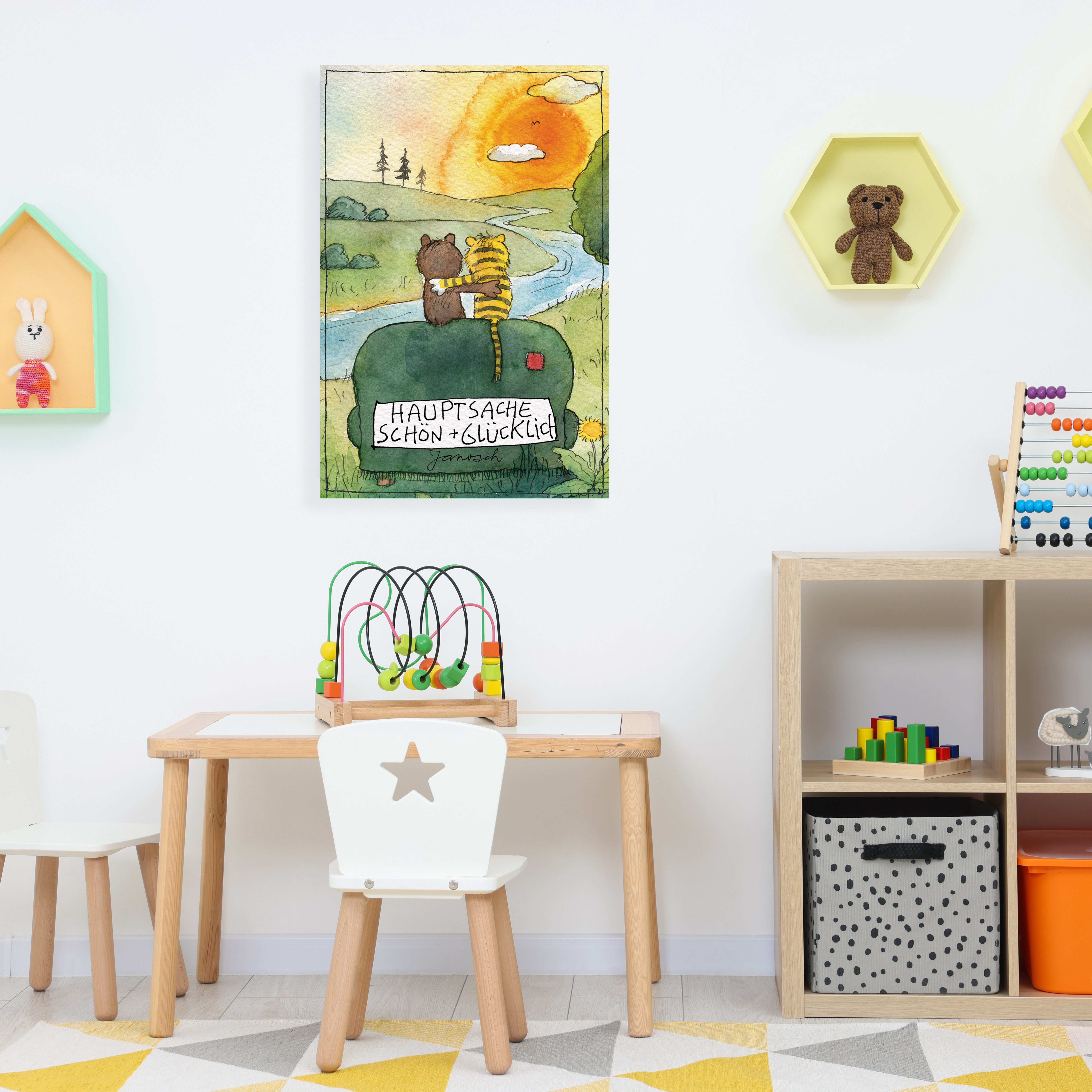 LuckyLinde Leinwandbild Der kleine Bär und der kleine Tiger - Hauptsache schön + glücklich, Bär, Bären, Ente, Enten, Figuren, Filmfiguren, Frosch, Liebessprüche, Motivationsbilder, Natur, Schriftzug, Sonnenuntergang, Sprüche, Teddy, Tiere, Tiger, little star (1 St), Exklusive JANOSCH Kindermotive