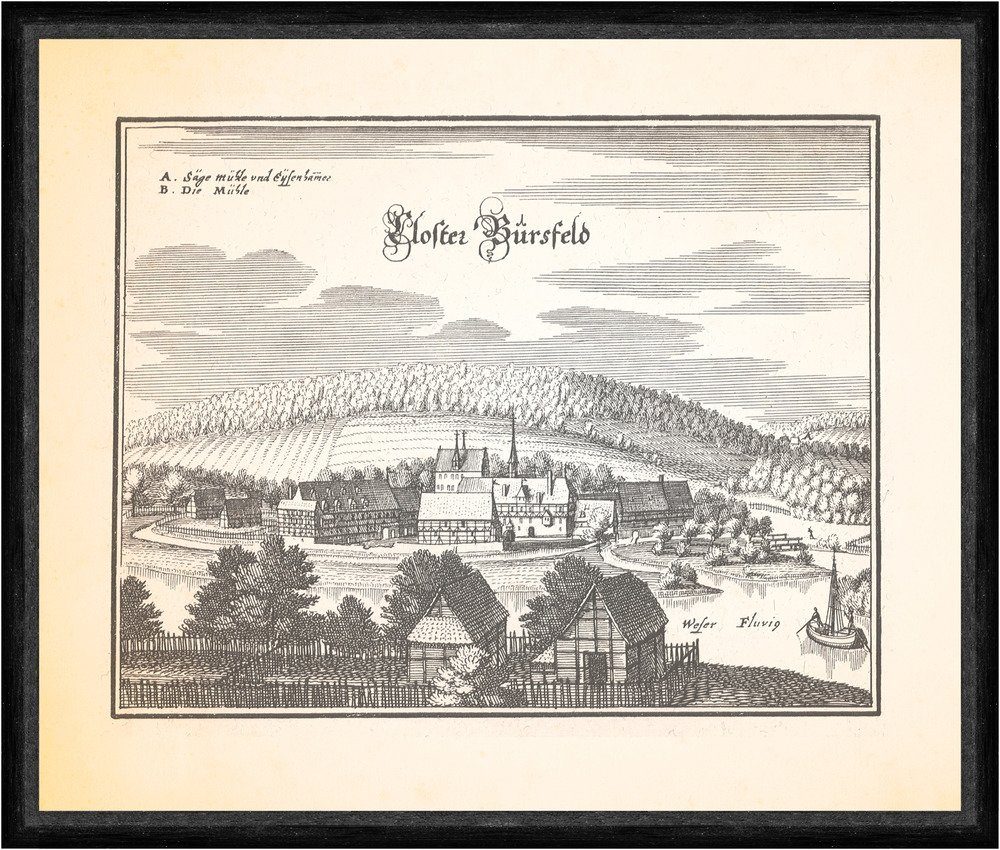 Kunstdruck Kloster Bürsfeld Weser Klosterkirche Sägemühle Gutshaus Faks_Merian 0