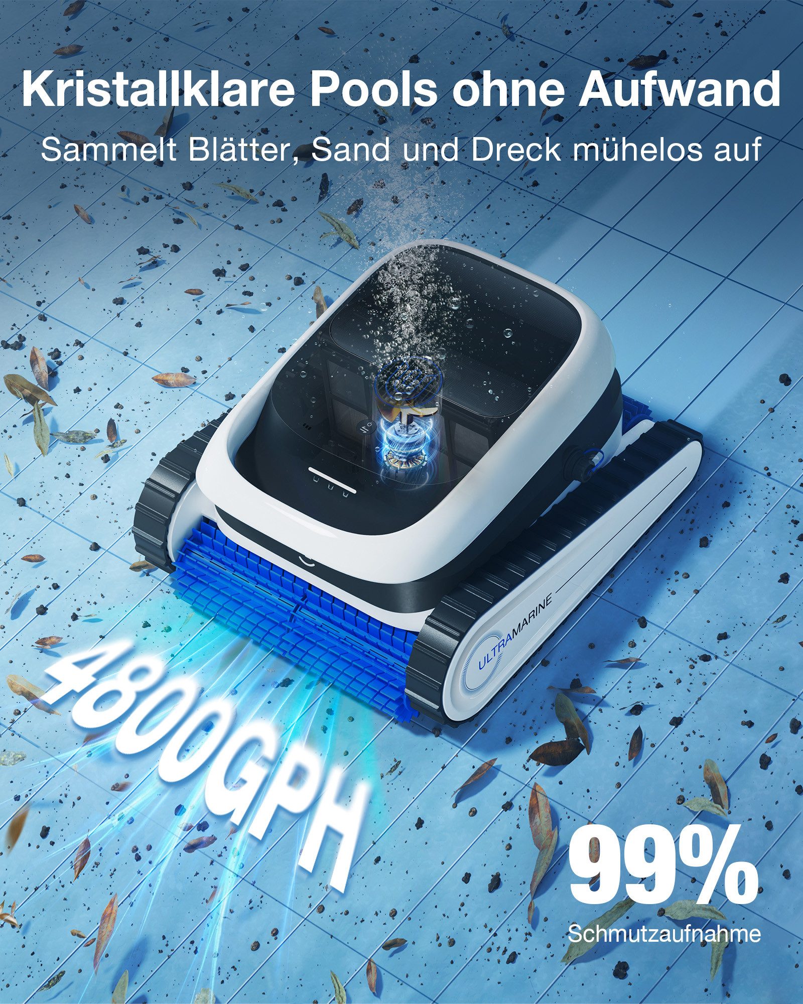 ECOVACS Poolroboter ULTRAMARINE P1 Care Kit für Boden und Wände, 180 Min, 180m², APP, (10-Stufen-Beständigkeit, Akkulaufzeit von 180 Minuten), 4800 GPH, Doppelschicht-Filter, SmartNavi-Navigation