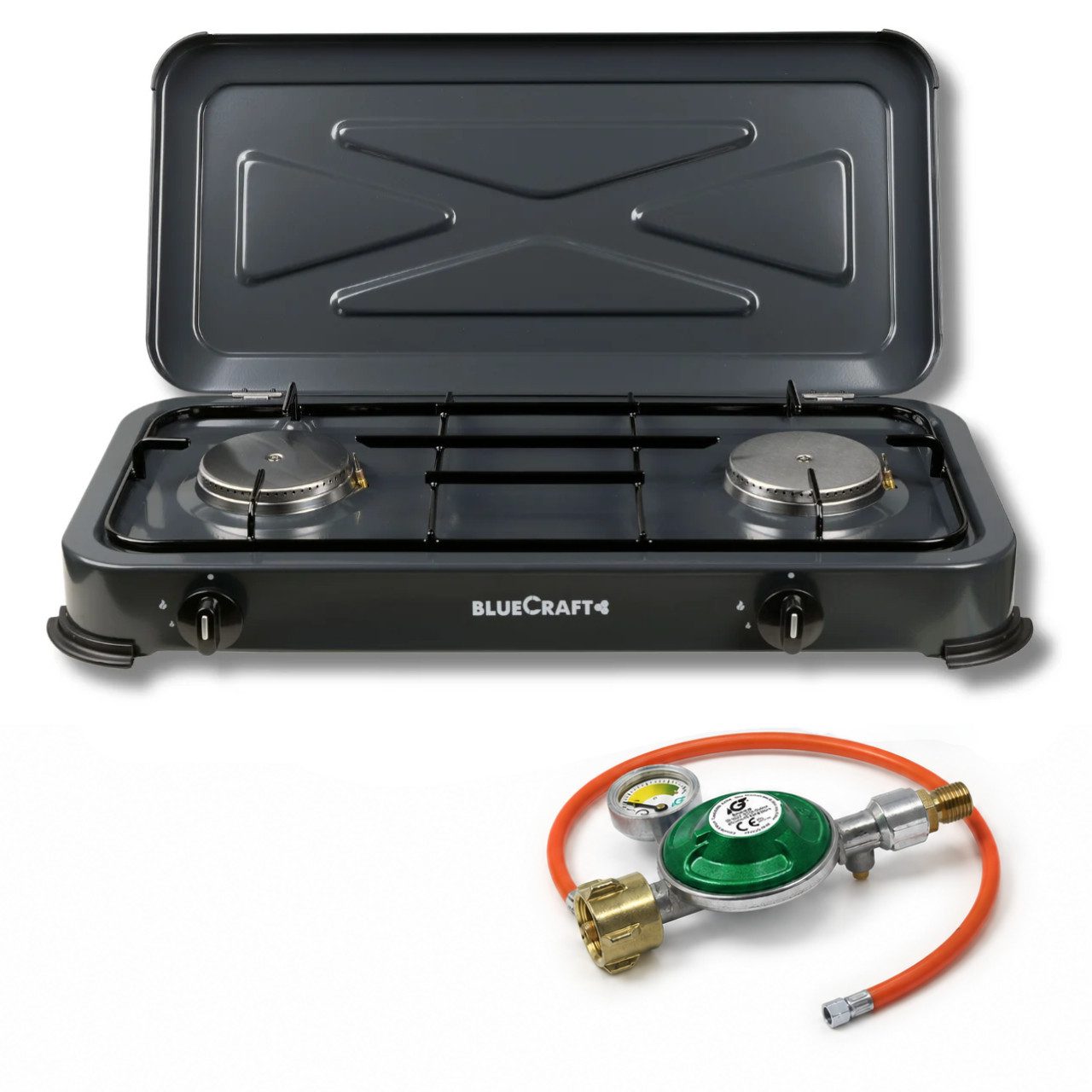 BlueCraft Gaskocher 2 flammig mit Zündsicherung 50mbar Propan Gas Campingkocher 4,4 kW, (mit Schlauch 100 cm und Gas Regler Druckminderer mit Manometer), Camping Gas Kocher 2 flammen für Gasflasche Gasherd Gas-Kochfeld