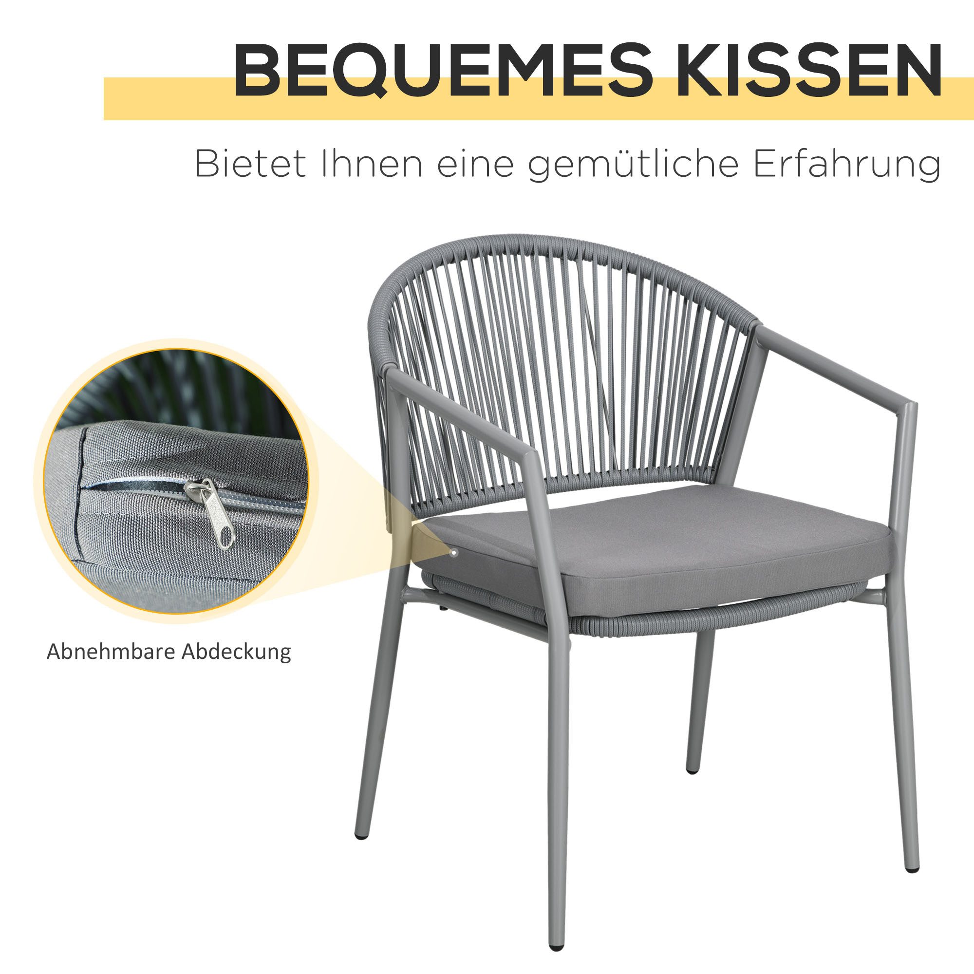 Outsunny Sitzgruppe Rattan Bistroset mit 2 Gartensesseln und Couchtisch, (Sitzgarnitur, 3-tlg., Balkonmöbel-Set), für Garten, Terrasse, Stahl, Grau – Bild 5 von 5