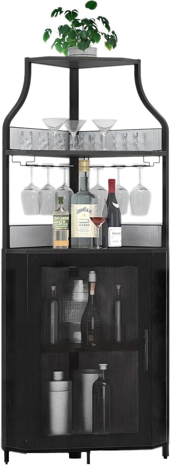 GarveeMore Weinschrank 5-stöckiges mit Glasständer und verstellbaren Regalen,47x32x154cm industrielles Eckschrank,Barschrank mit Türen aus Metallgitter für bar