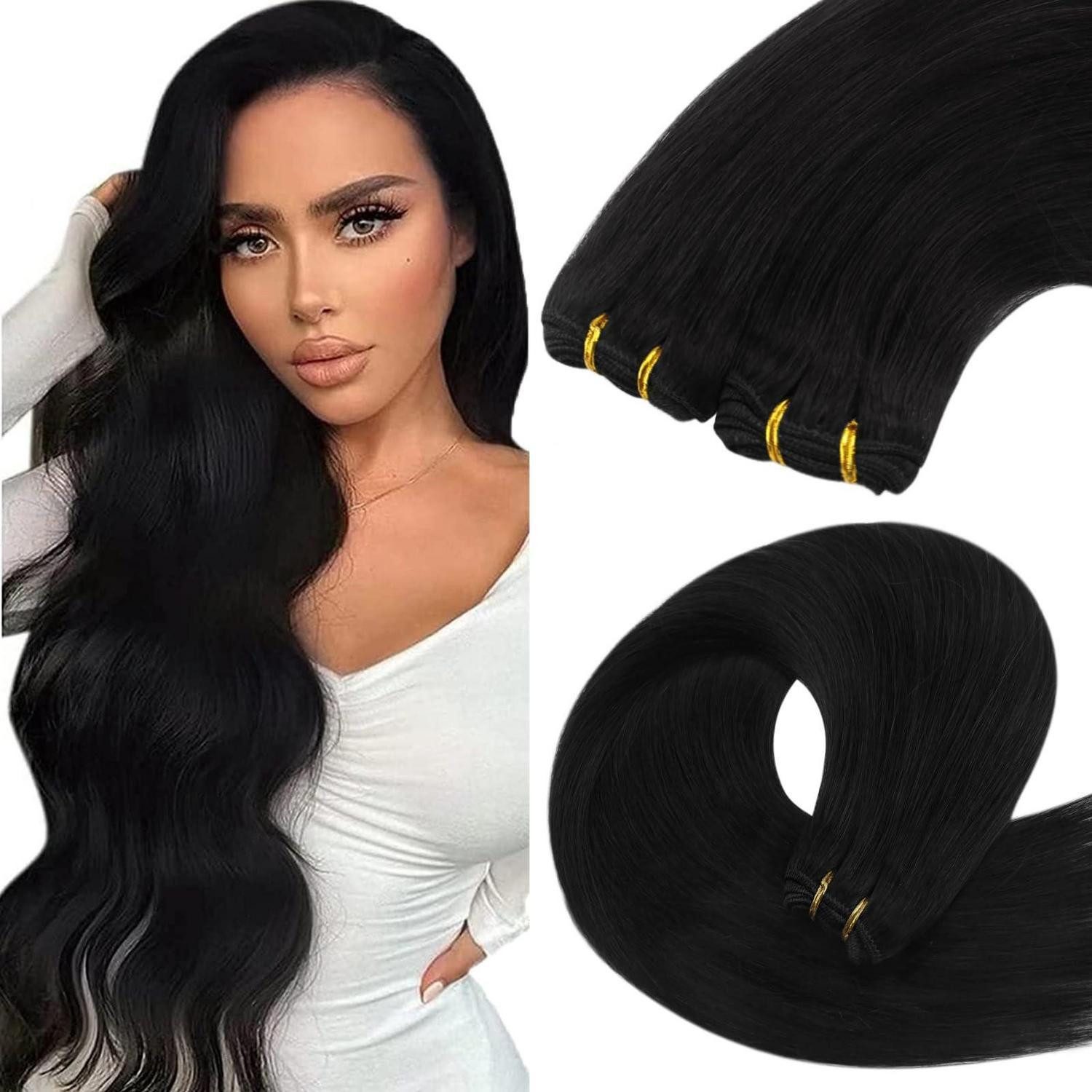 LuxusKollektion Echthaar-Extension Haarverlängerung Tressen Echthaar Remy Schwarz 40 cm 2-Weft-1-#1 40 cm