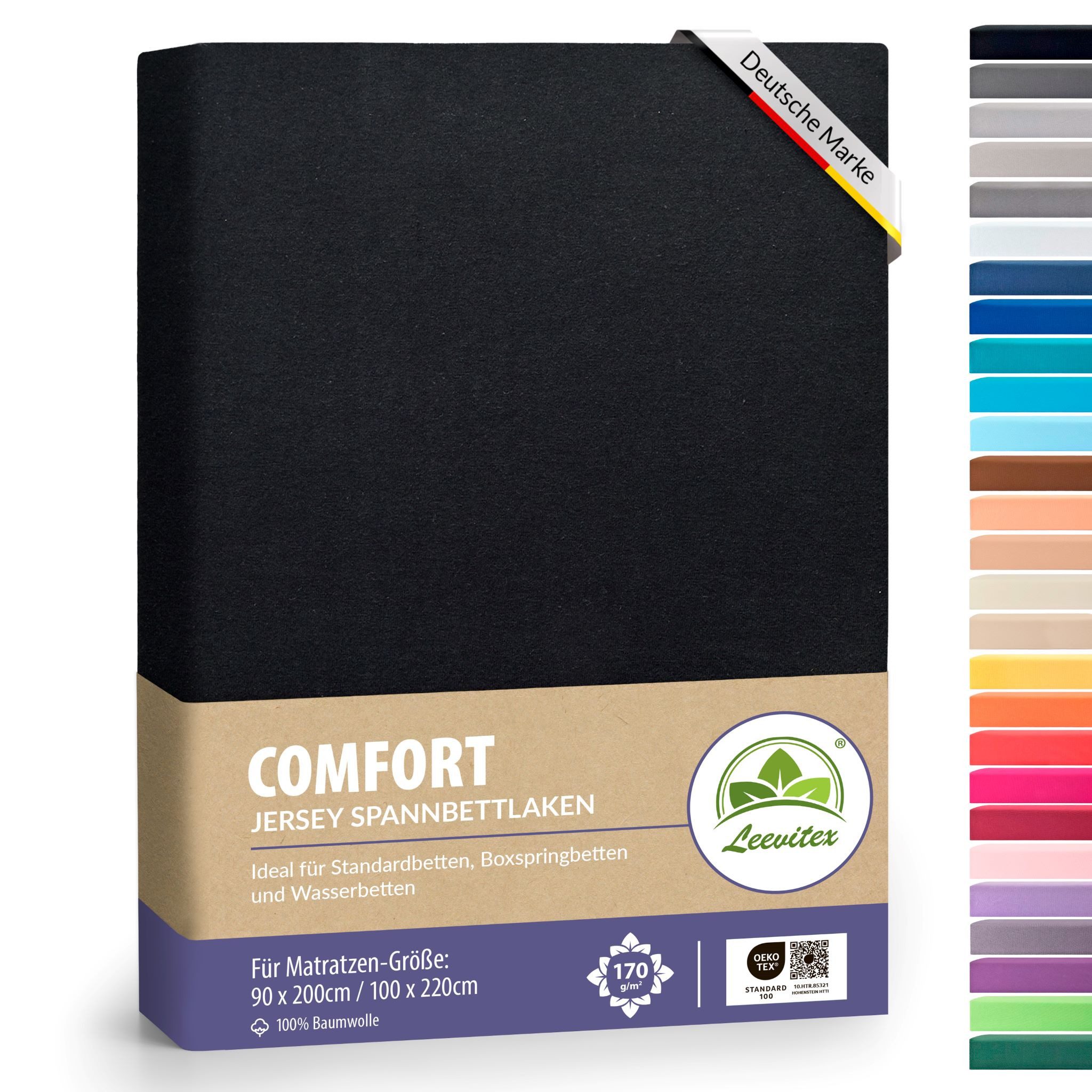 leevitex® Spannbettlaken verschiedene Größen, Stoffgewicht 170 g/m², 40 cm Steghöhe, Jersey, Gummizug: rundum, (1 Stück), verschiedene Farben, OEKO-TEX® STANDARD 100 zertifiziert