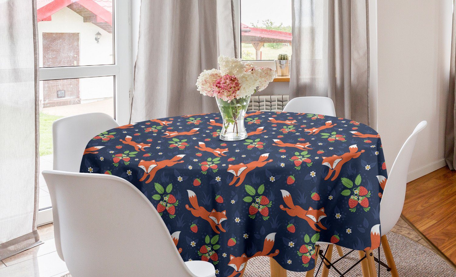 Abakuhaus Tischdecke Kreis Tischdecke Abdeckung für Esszimmer Küche Dekoration, Fuchs Tier und Erdbeeren