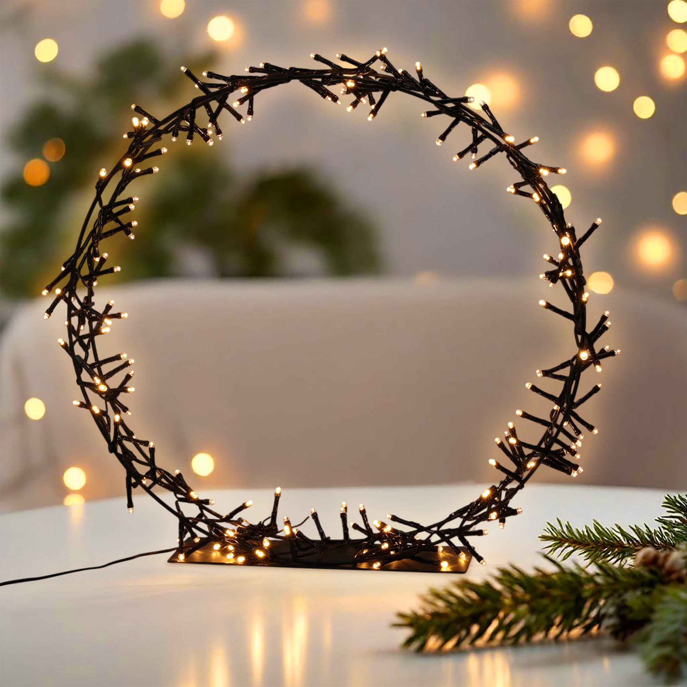 Spetebo LED Dekolicht LED Ring schwarz mit Standfuß, IP44 geschützt, LED fest integriert, warm weiß, mit Timer