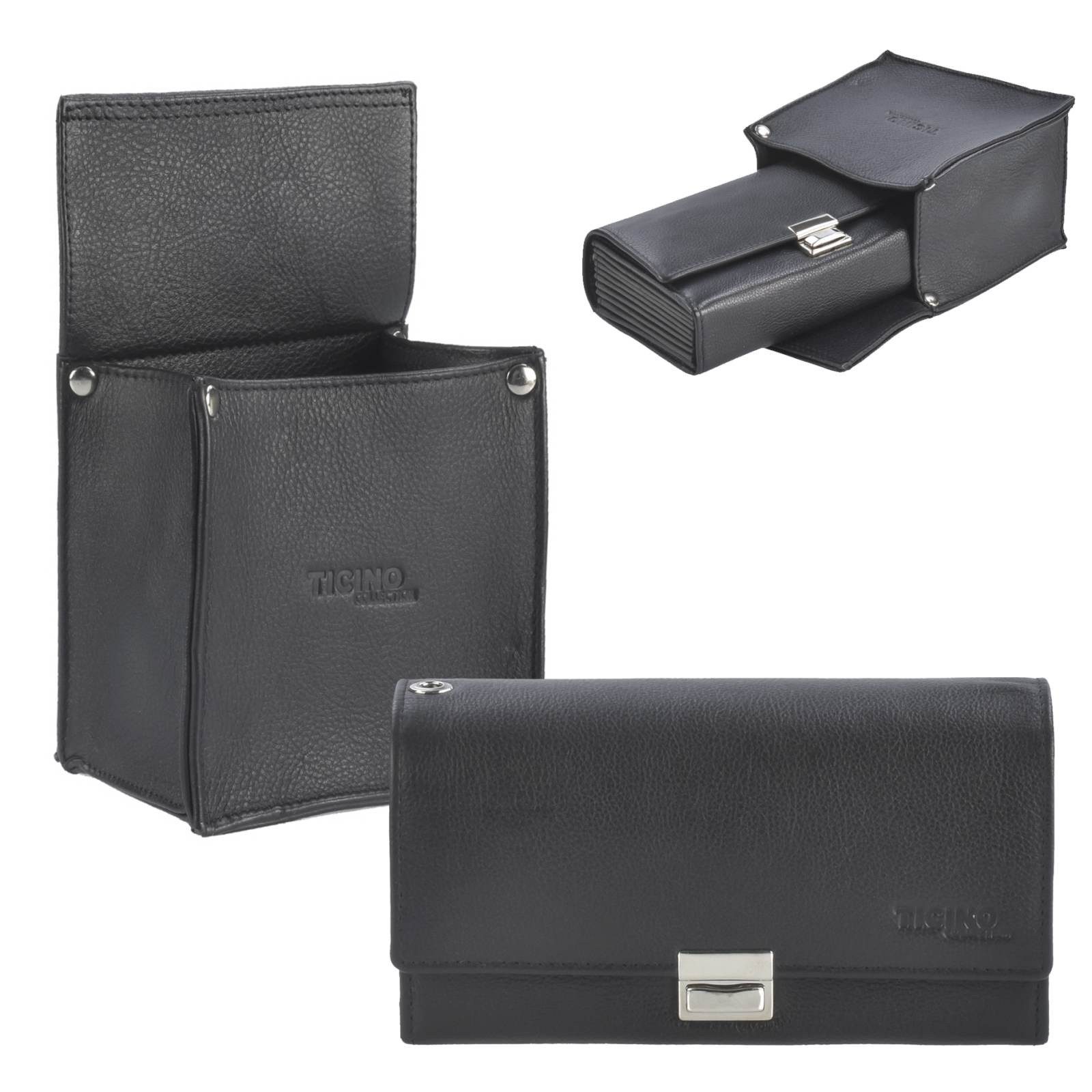 KLOEHN Kellnerbörse Kellnergeldbeutel Set 8 Scheinfächer mit Holster Gastro Leder schwarz (Set, 2-teilig), Profi Set, Kellnertasche Holster + Börse, Portemonnaie, Leder schwarz
