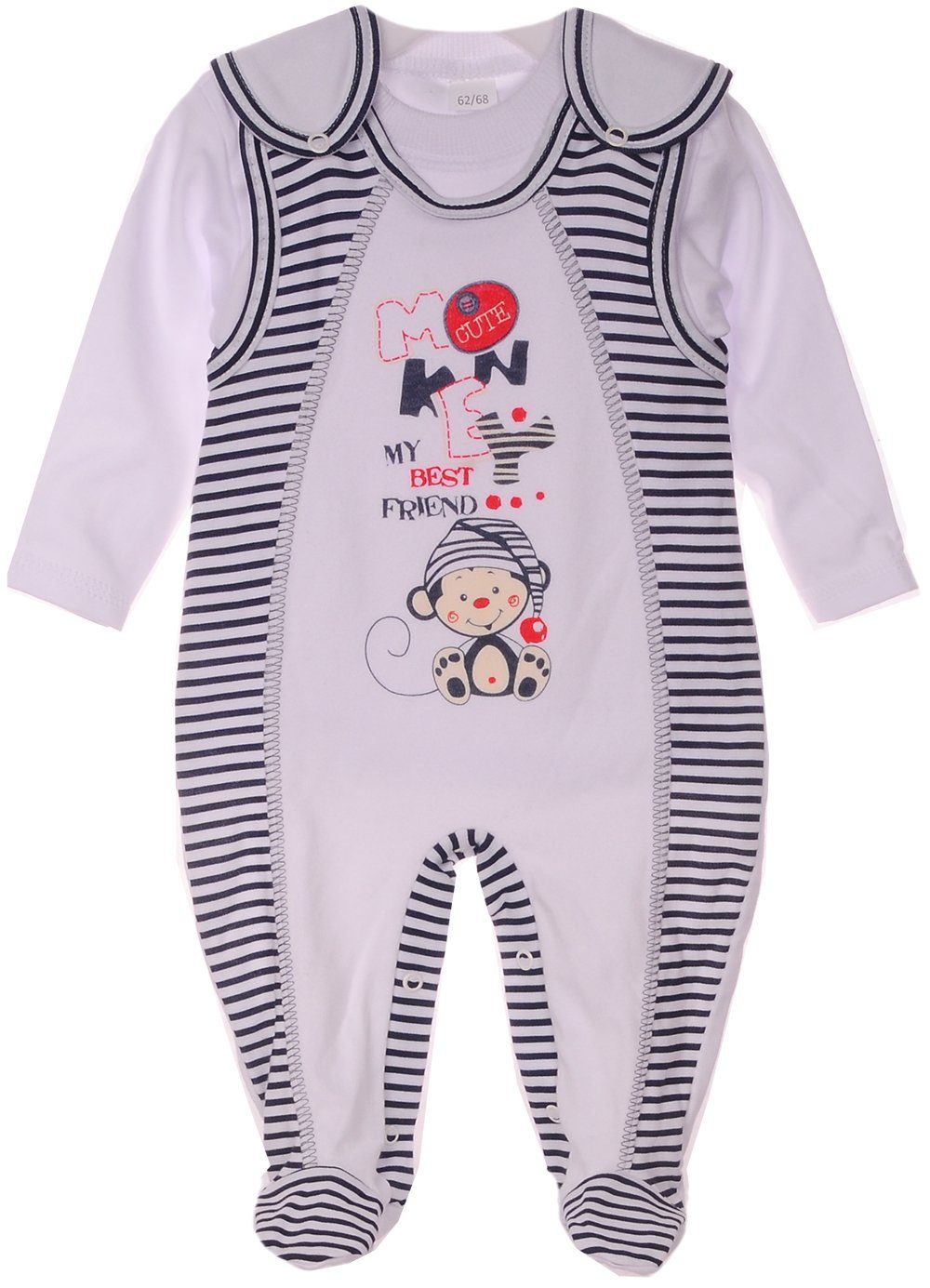 La Bortini Ползунки Baby Anzug Ползункиhose und Langarmshirt gestreift mit Affen aua riener Baumwolle, 62 68 74 mit Shirt in Weiß