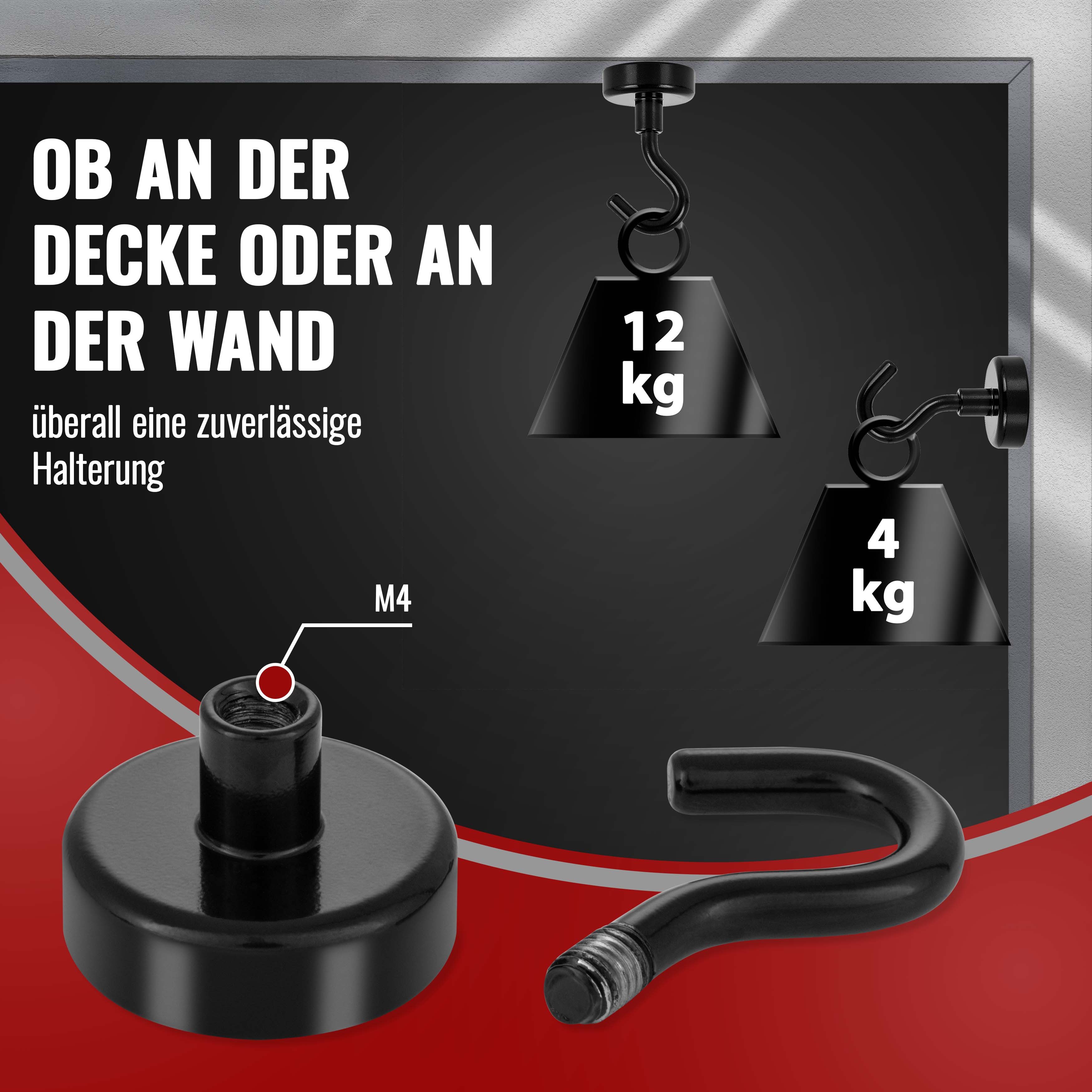Poppstar Dekomagnet Neodym Magnet-Haken, für magnetische Flächen, (Haftkraft 12kg, 10-St), mit abschraubbaren Haken, Farbe schwarz – Bild 3 von 5