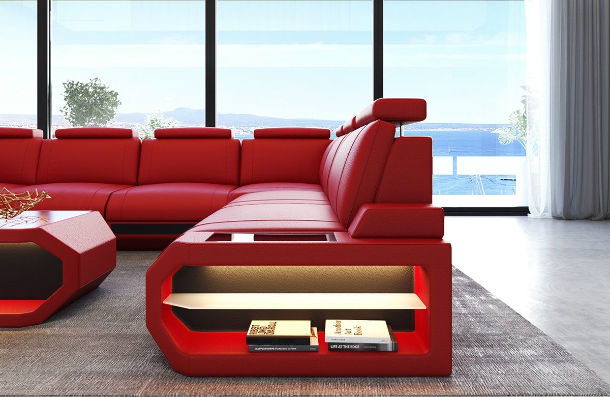 Dreams Wohnlandschaft Siena Leder U Form Ledersofa Couch Ledersofa, mit Sofa und LED-Beleuchtung U-Form USB Sofa Wohnlandschaft