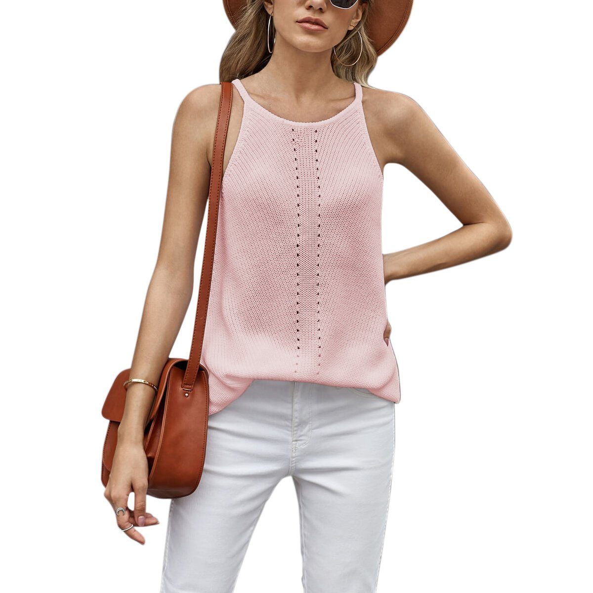 Ärmellose Rosa Sommer Einfarbig Neck - Stricken Leibchen DEBAIJIA Tank Jerseyweste DEBAIJIA Top Damen