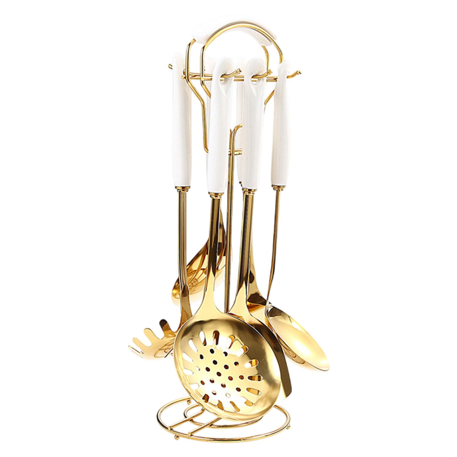 Refttenw Kochbesteck-Set Edelstahl Kochgeschirr-Set mit Ständern (7-tlg., Schaufel/Löffel/Ständer), Spülmaschinenfest, Goldbeschichtung Politur