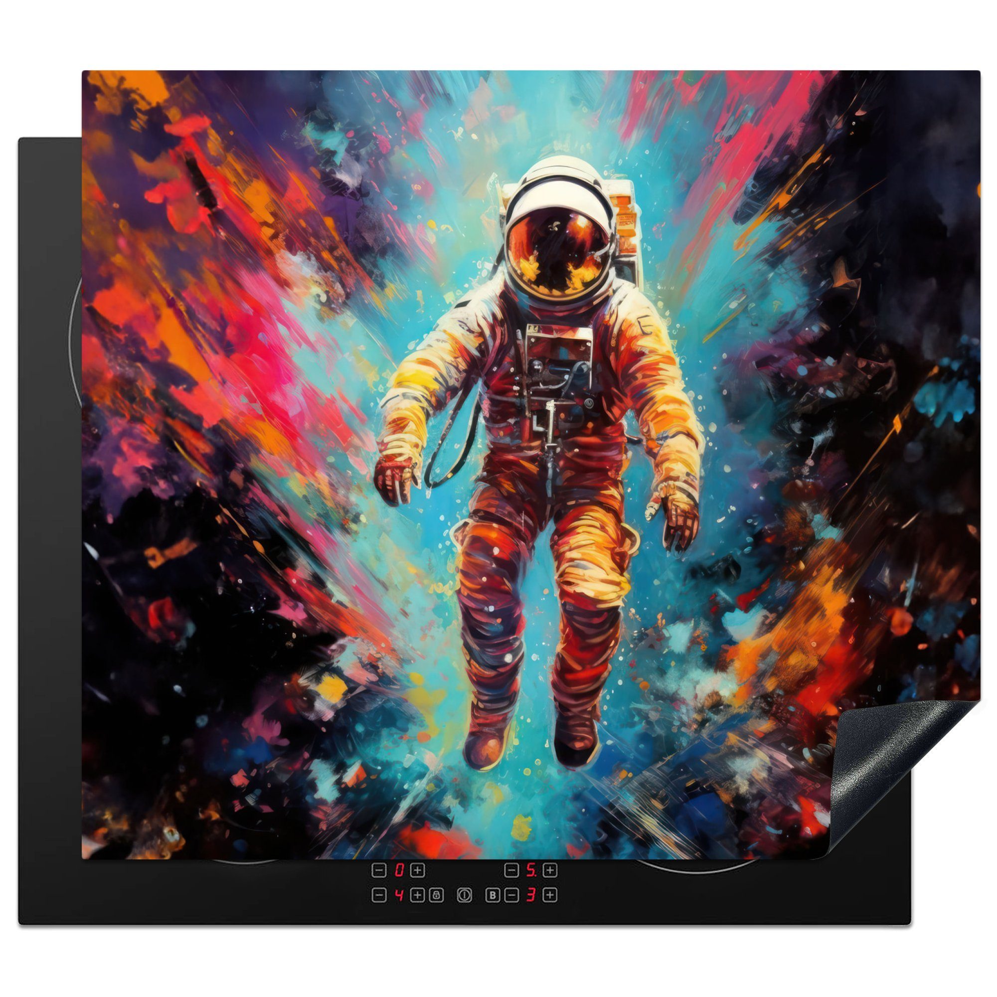 MuchoWow Herdblende-/Abdeckplatte Astronaut - Graffiti - Weltraum - Neon, Vinyl, (1 tlg), 60x52 cm, Mobile Arbeitsfläche nutzbar, Ceranfeldabdeckung