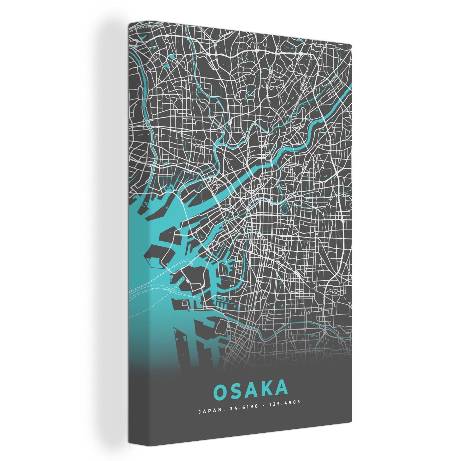 OneMillionCanvasses® Leinwandbild Osaka - Karte - Stadtplan - Blau, (1 St), Leinwandbild fertig bespannt inkl. Zackenaufhänger, Gemälde, 20x30 cm