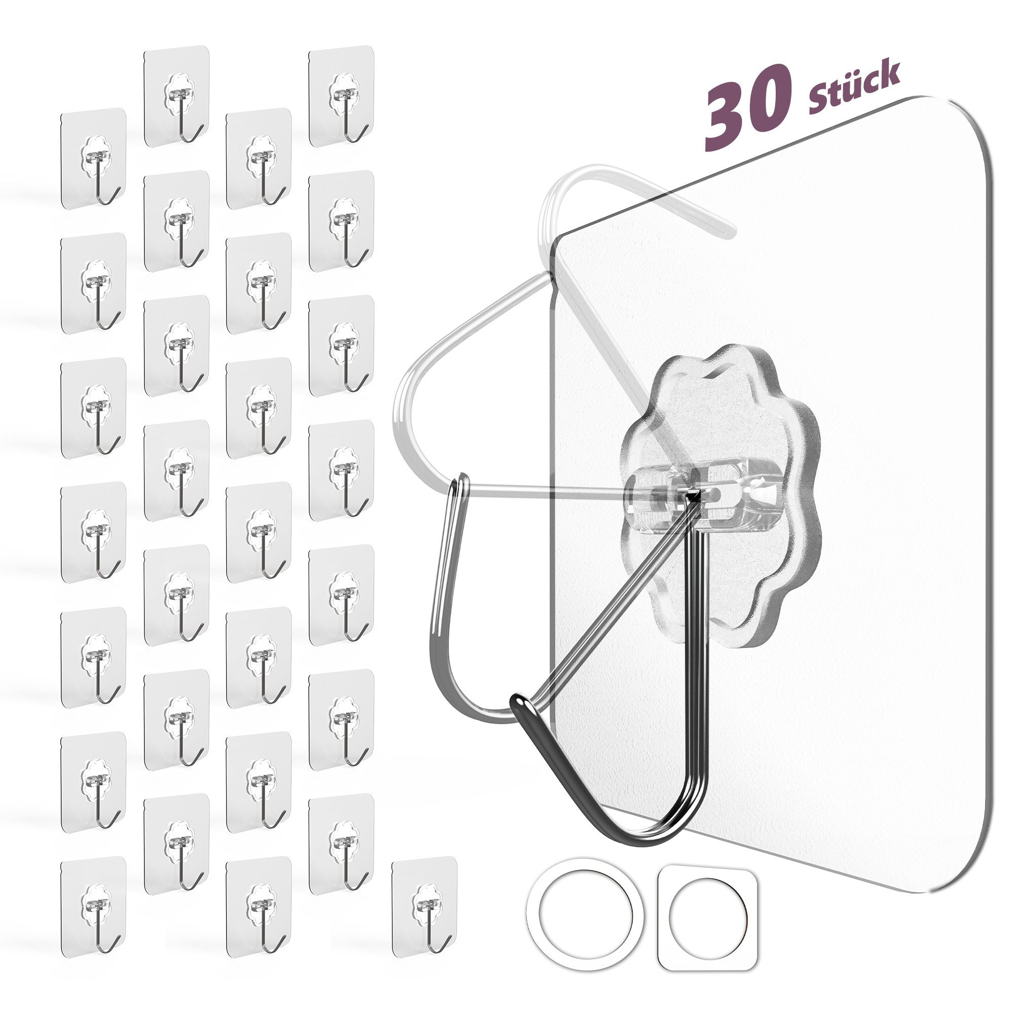 Lindenstein Klebehaken Wetterfeste selbstklebende Klebehaken 180° drehbar, Schlafzimmer, Küche, Badezimmer, (Packung, 30-St., 30), ohne Bohren,Stabil,langlebig,rostbeständig,verformungsresistent