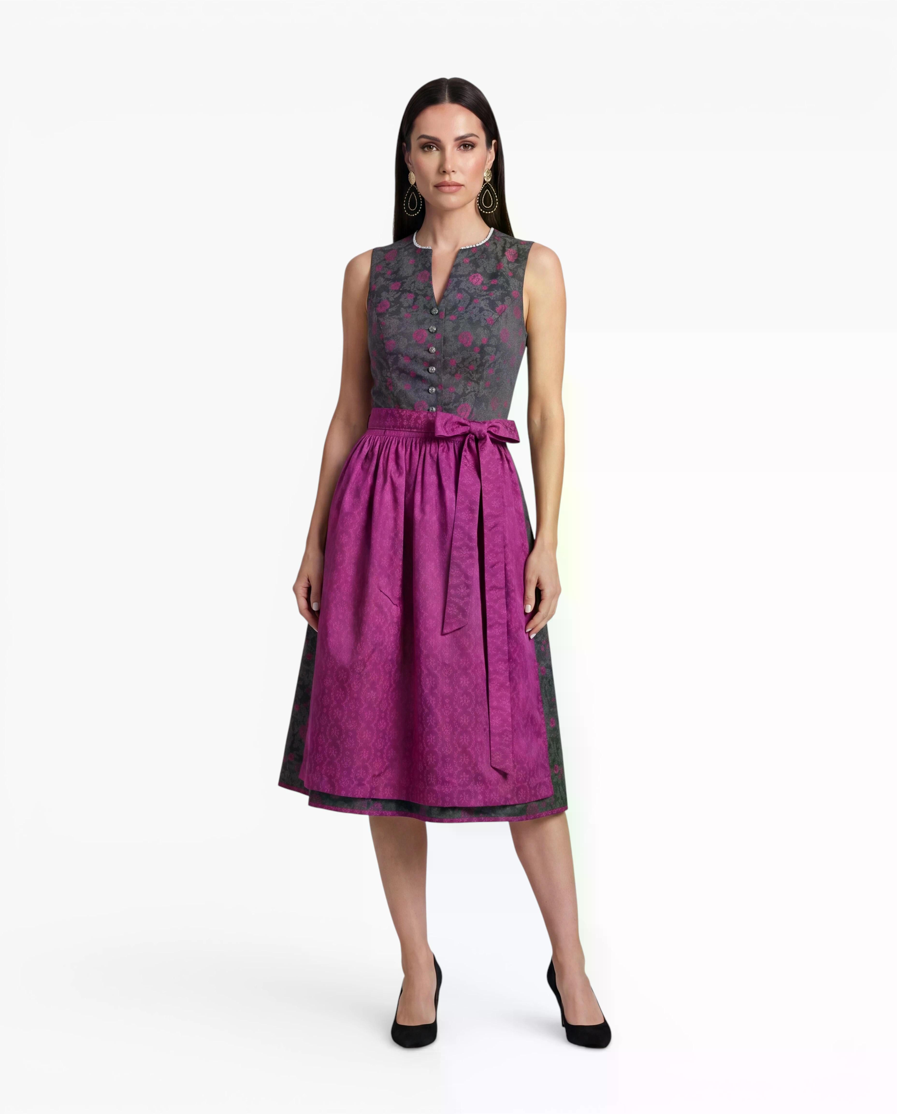 Ramona Lippert Dirndl Trachtenkleid Nadja hochgeschlossen grau pink Rocklänge 65 cm (2-teilig)