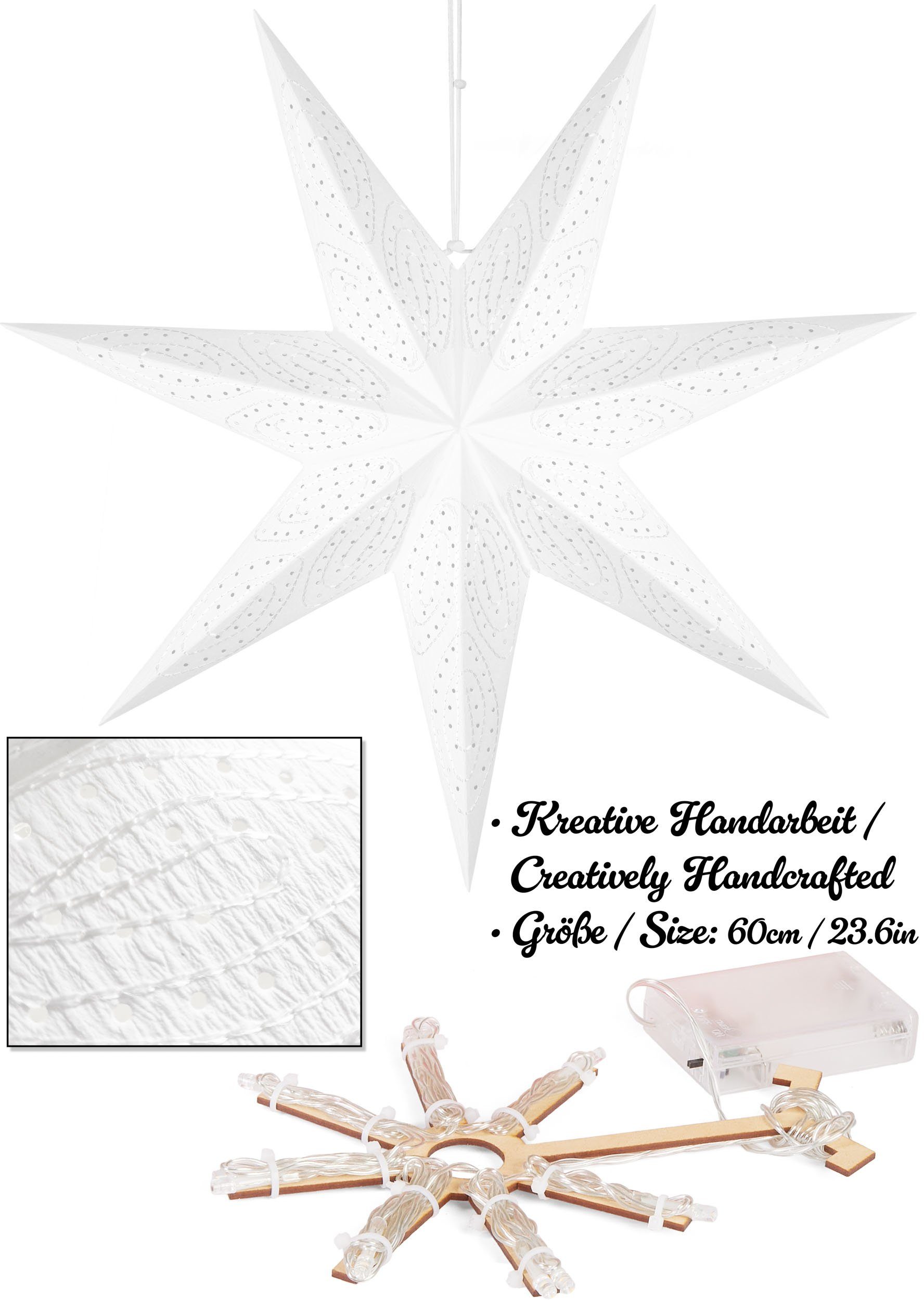 BRUBAKER LED Stern 60 cm Papier Weihnachtsstern zum Aufhängen - LED Adventsstern, Hängender Leuchtstern - Beleuchtbar mit Batterie, LED fest integriert, Warmwei – Bild 3 von 5