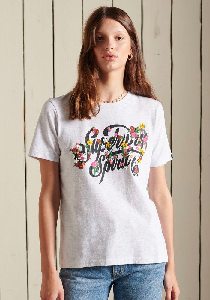 Superdry T-Shirt Geblümtes T-Shirt mit Schriftzug, Nicht zu eng, nicht zu  weit – genau richtig. Wähle deine normale | V-Shirts